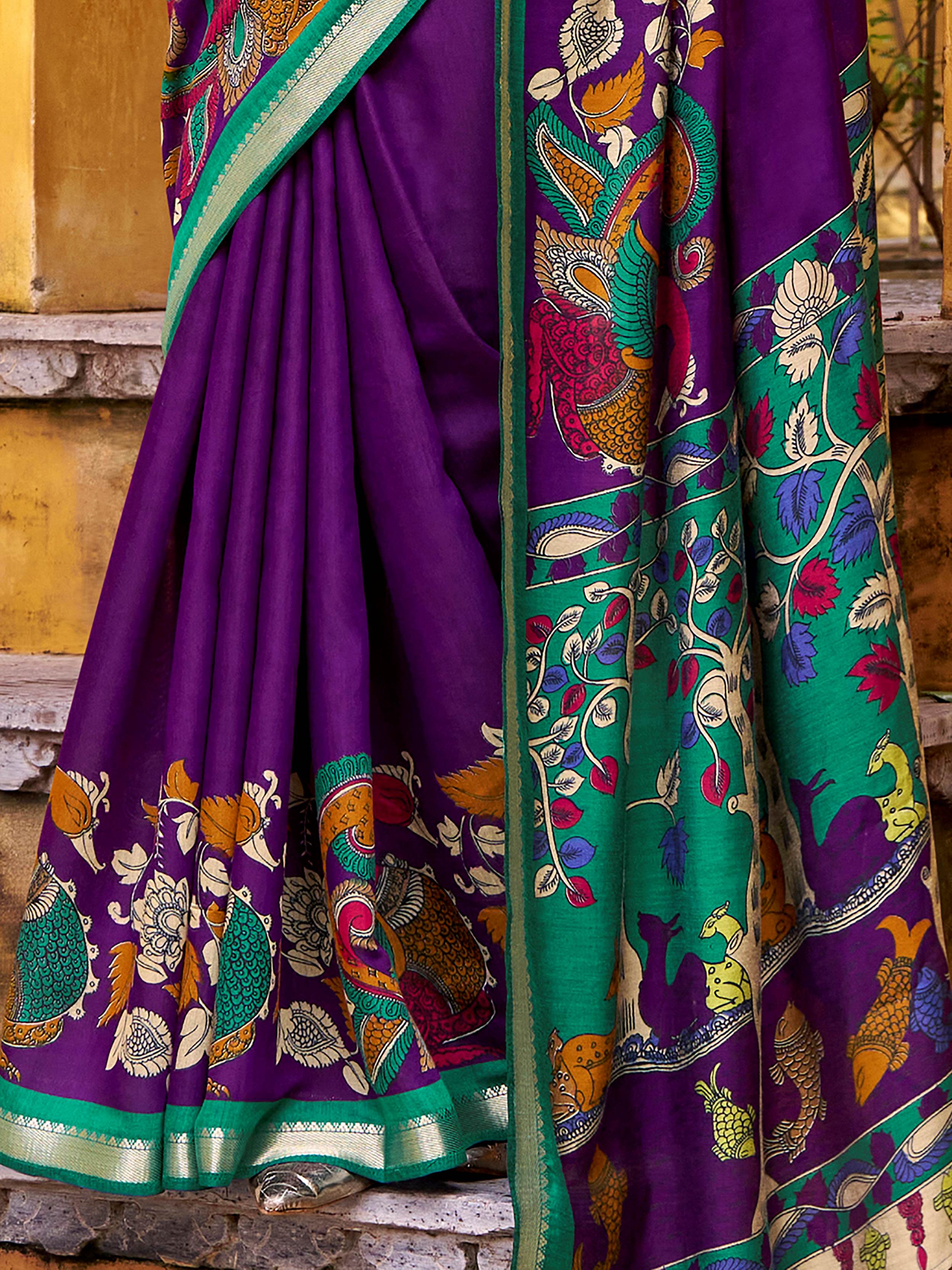 Purple Color Viscose Chanderi Kalamkari Print and Zari Weaving Saree