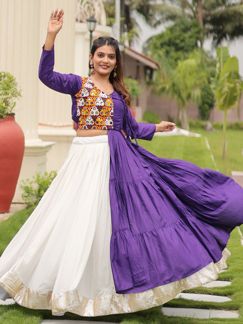Purple Cotton Gamthi Work Mirror Embroidery Crop Top Lehenga Choli