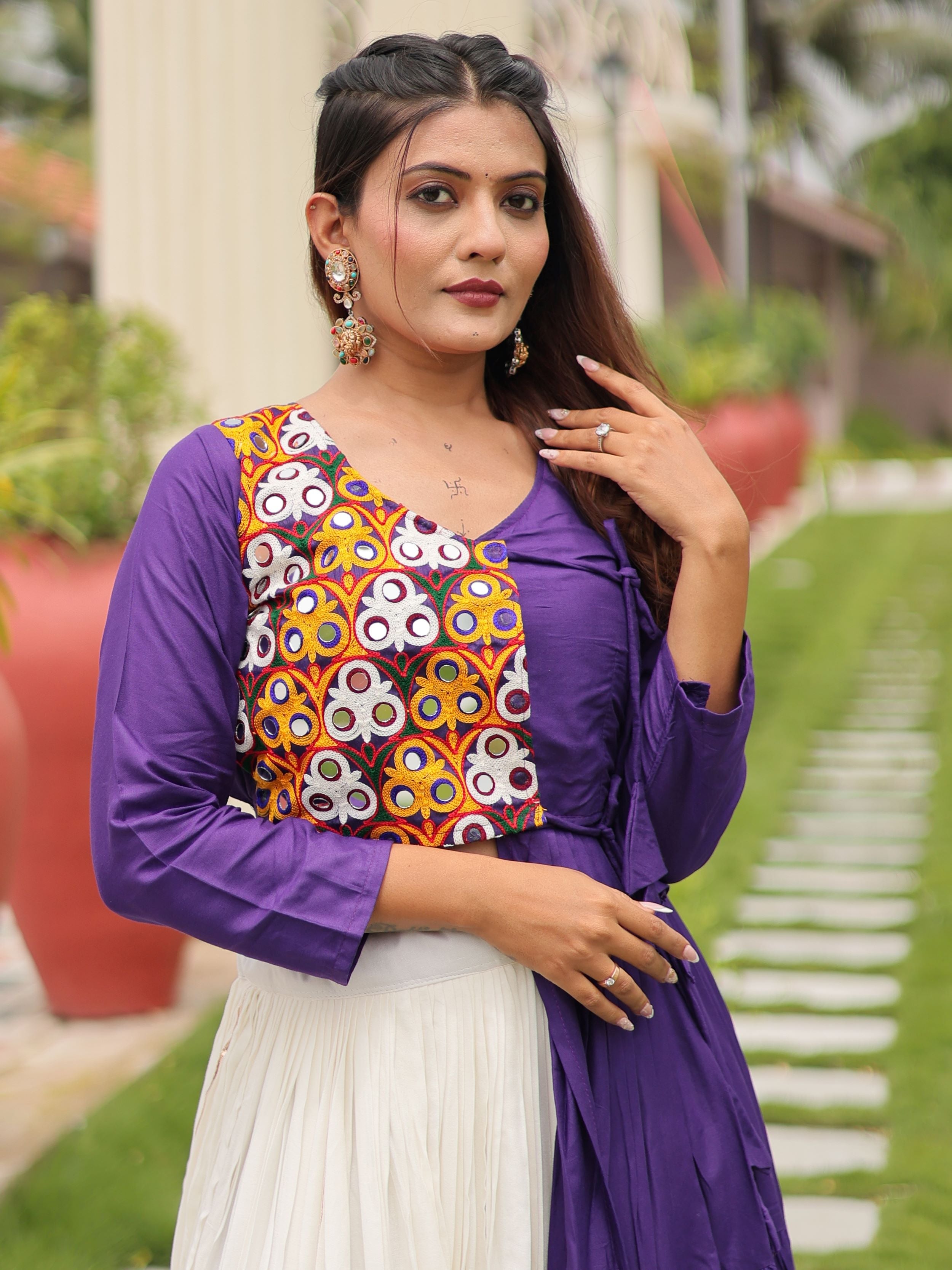 Purple Cotton Gamthi Work Mirror Embroidery Crop Top Lehenga Choli