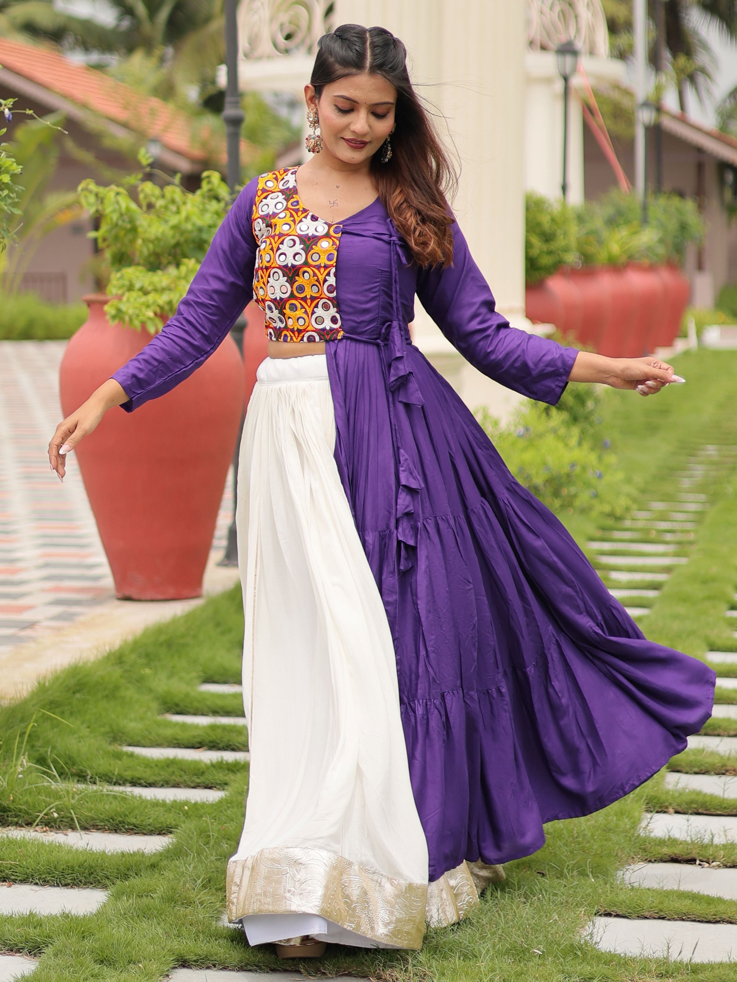 Purple Cotton Gamthi Work Mirror Embroidery Crop Top Lehenga Choli