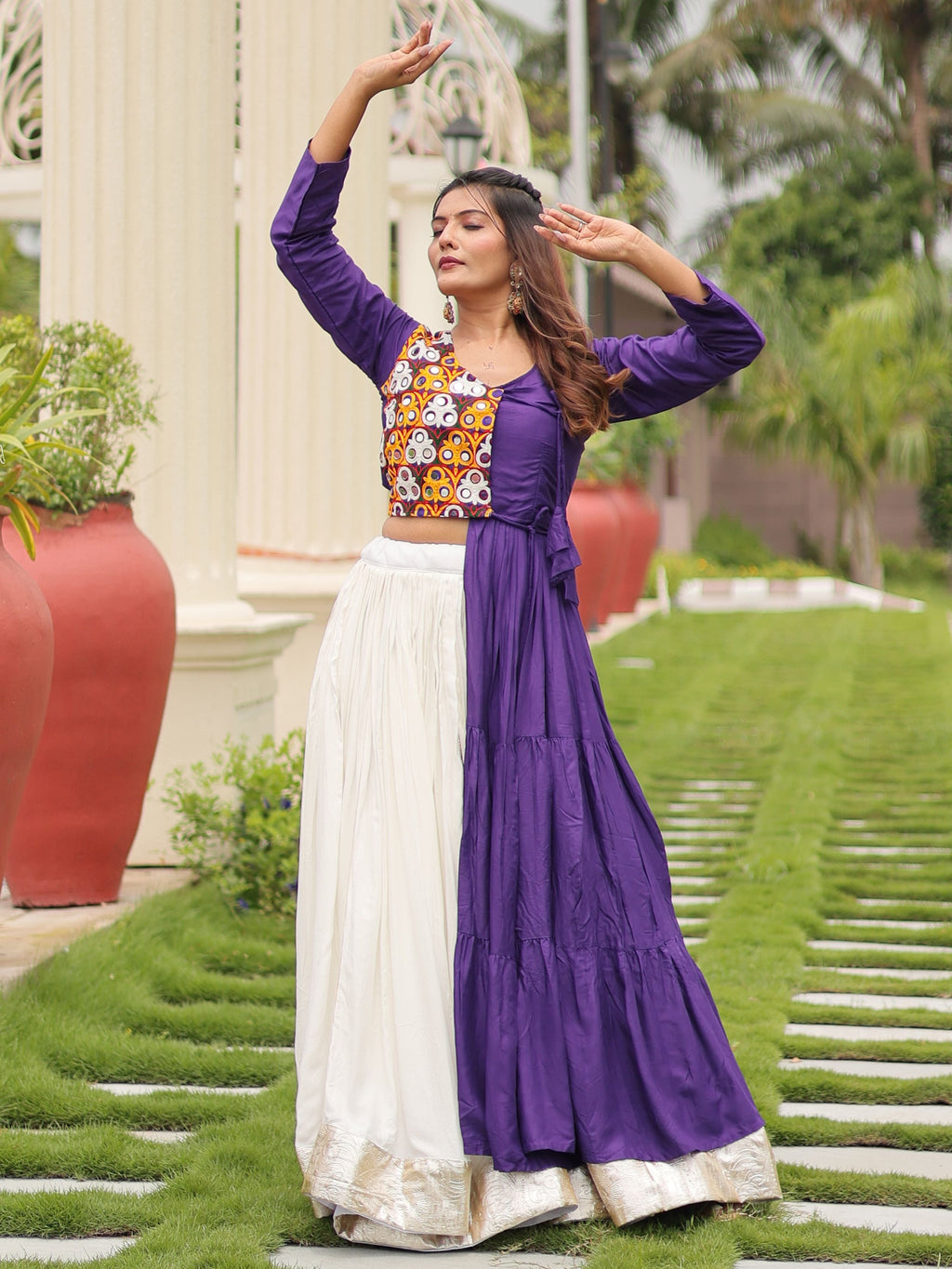 Purple Cotton Gamthi Work Mirror Embroidery Crop Top Lehenga Choli