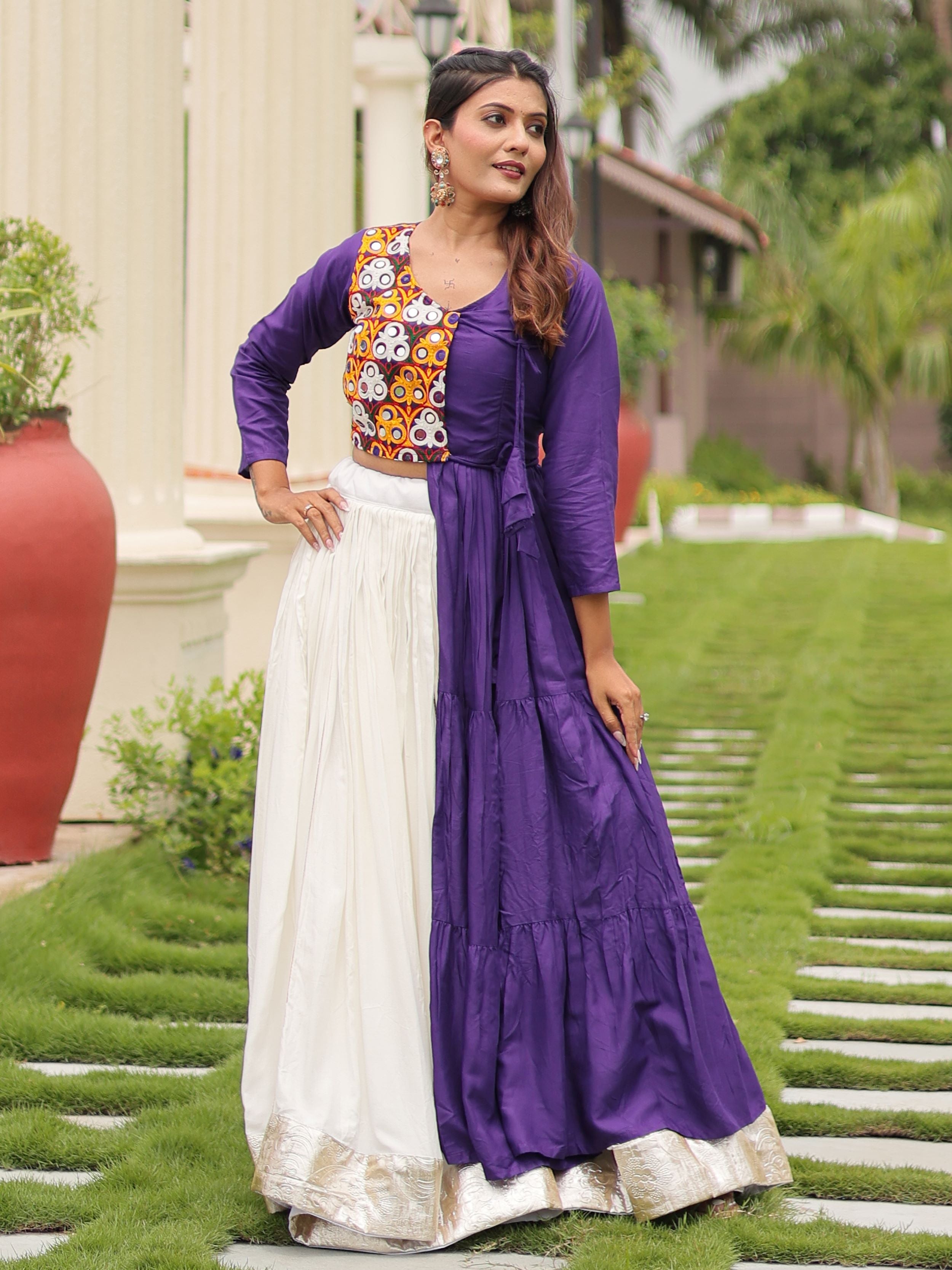 Purple Cotton Gamthi Work Mirror Embroidery Crop Top Lehenga Choli