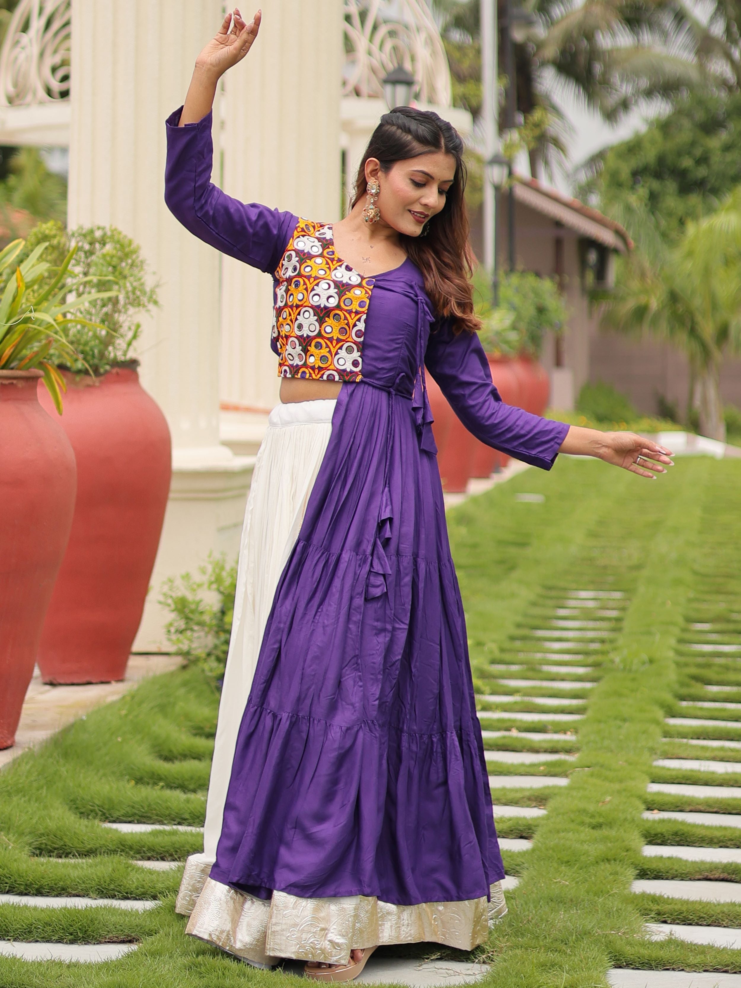 Purple Cotton Gamthi Work Mirror Embroidery Crop Top Lehenga Choli