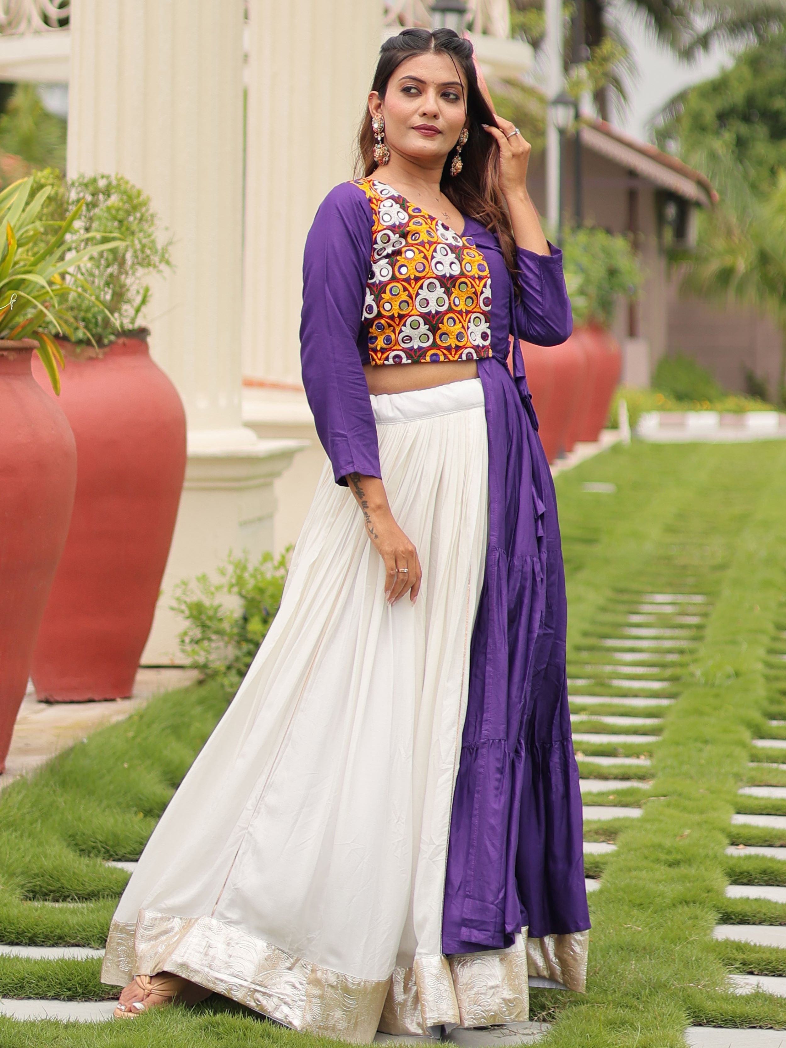 Purple Cotton Gamthi Work Mirror Embroidery Crop Top Lehenga Choli