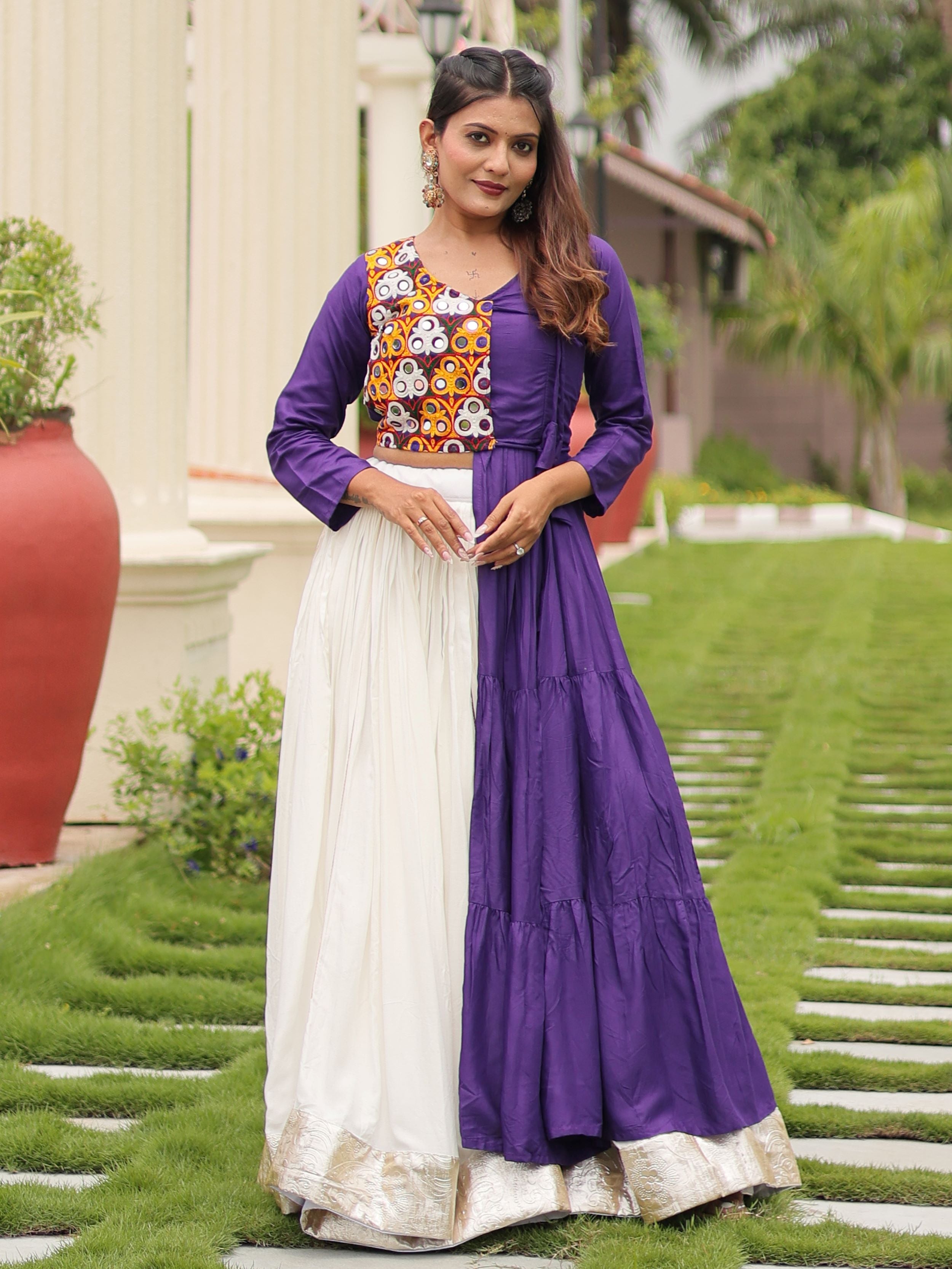 Purple Cotton Gamthi Work Mirror Embroidery Crop Top Lehenga Choli