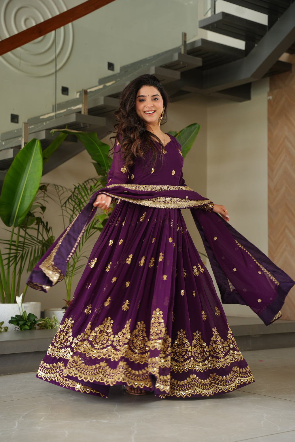 Rishita Purple Faux Blooming Zari Sequins Embroidered Gown with Dupatta