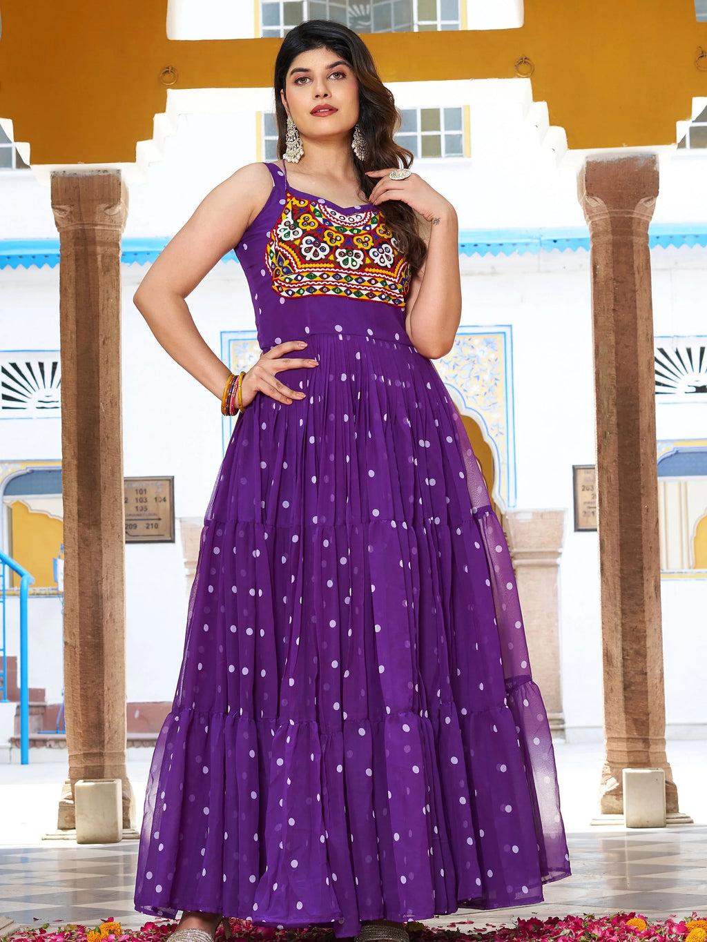 Purple Georgette Bandhani Print Real Mirror Gamthi Work Gown