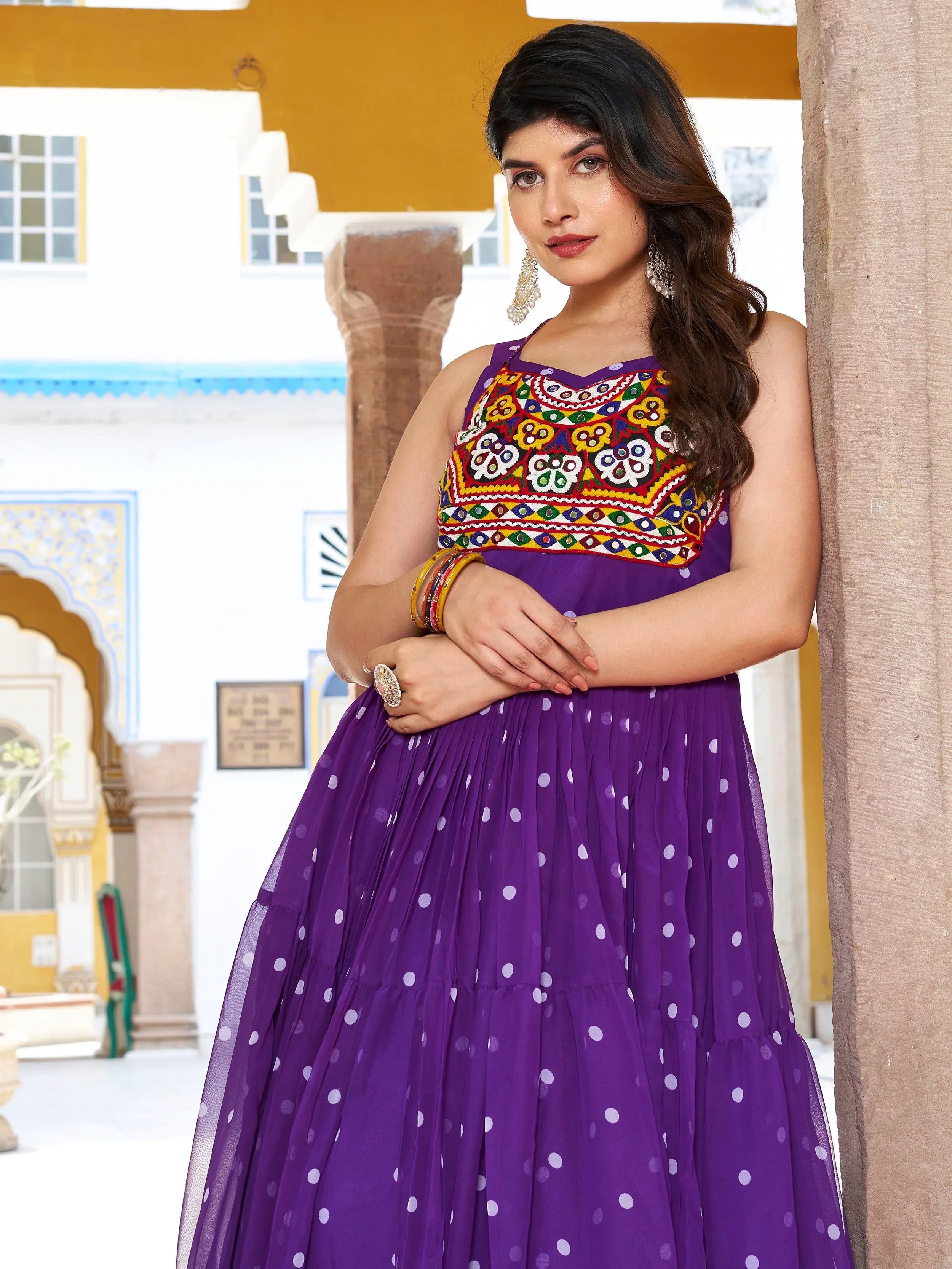 Purple Georgette Bandhani Print Real Mirror Gamthi Work Gown