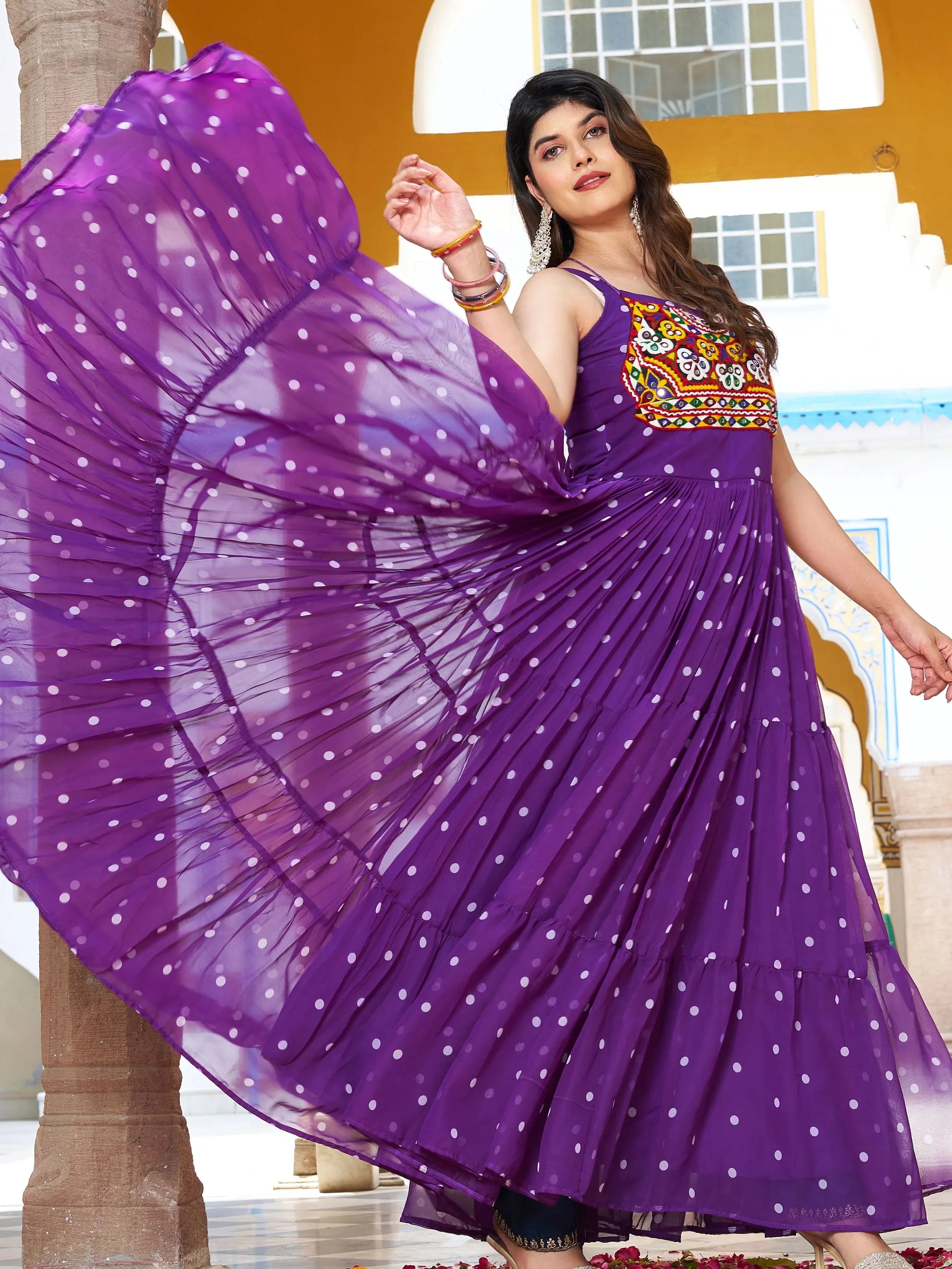 Purple Georgette Bandhani Print Real Mirror Gamthi Work Gown