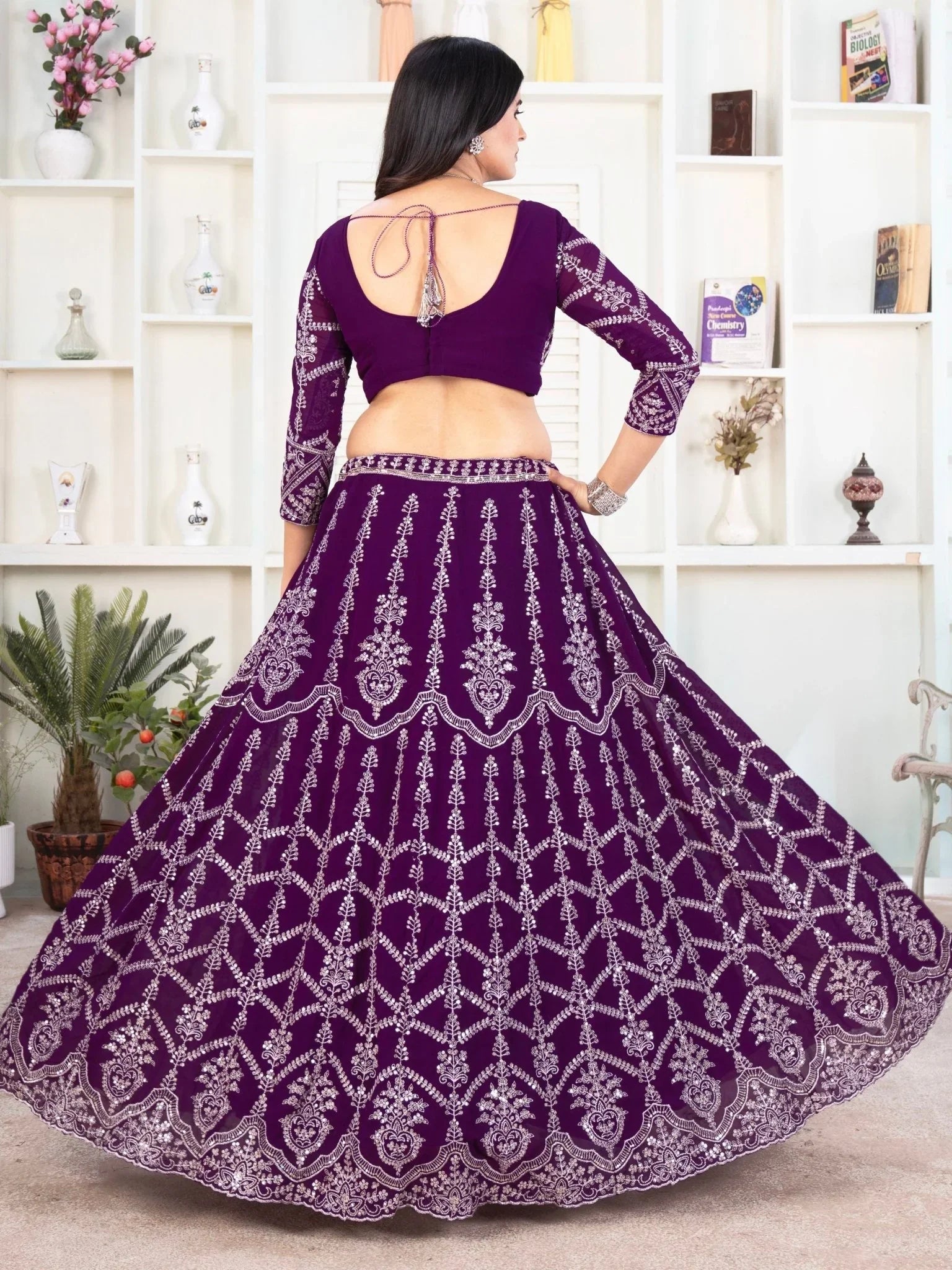 Purple georgette sequins embroidered lehenga choli with net dupatta
