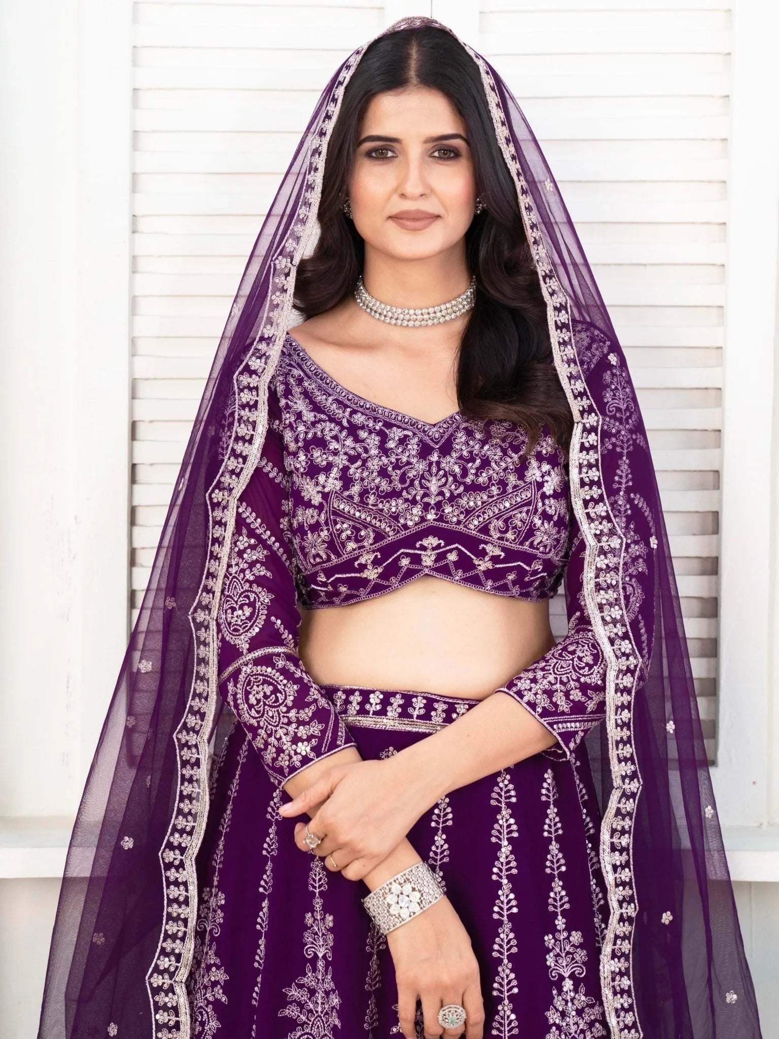 Purple georgette sequins embroidered lehenga choli with net dupatta