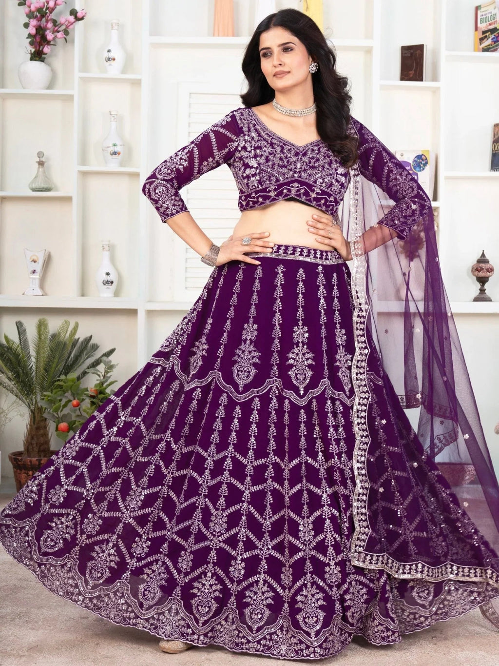 Purple georgette sequins embroidered lehenga choli with net dupatta