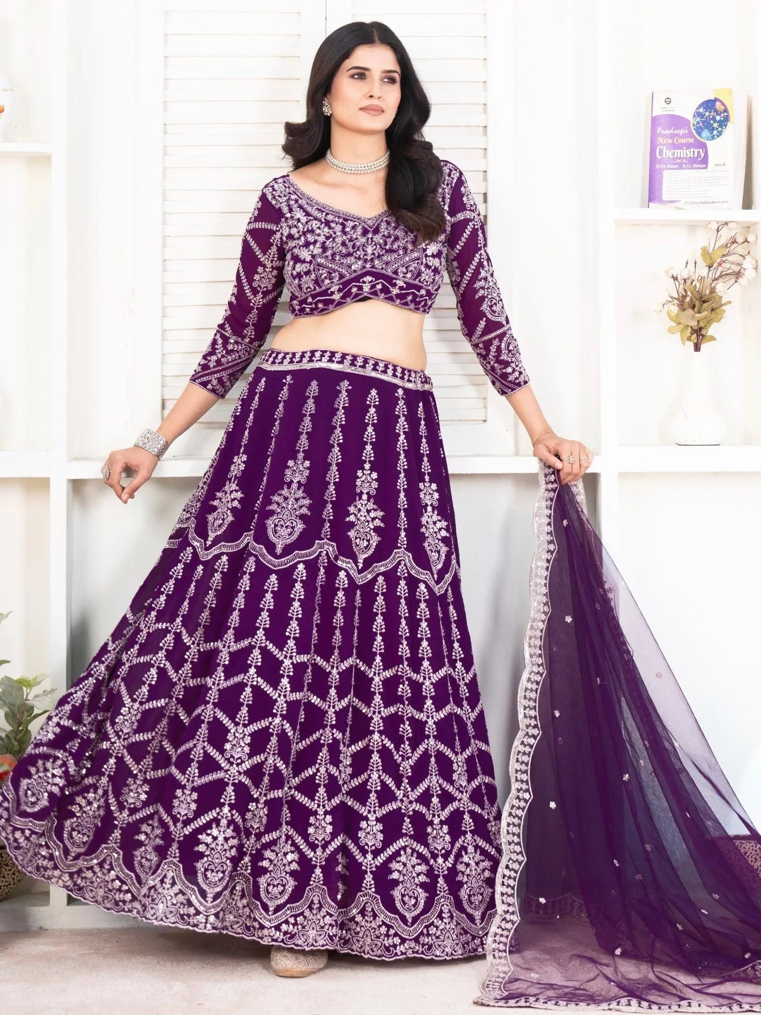 Purple georgette sequins embroidered lehenga choli with net dupatta
