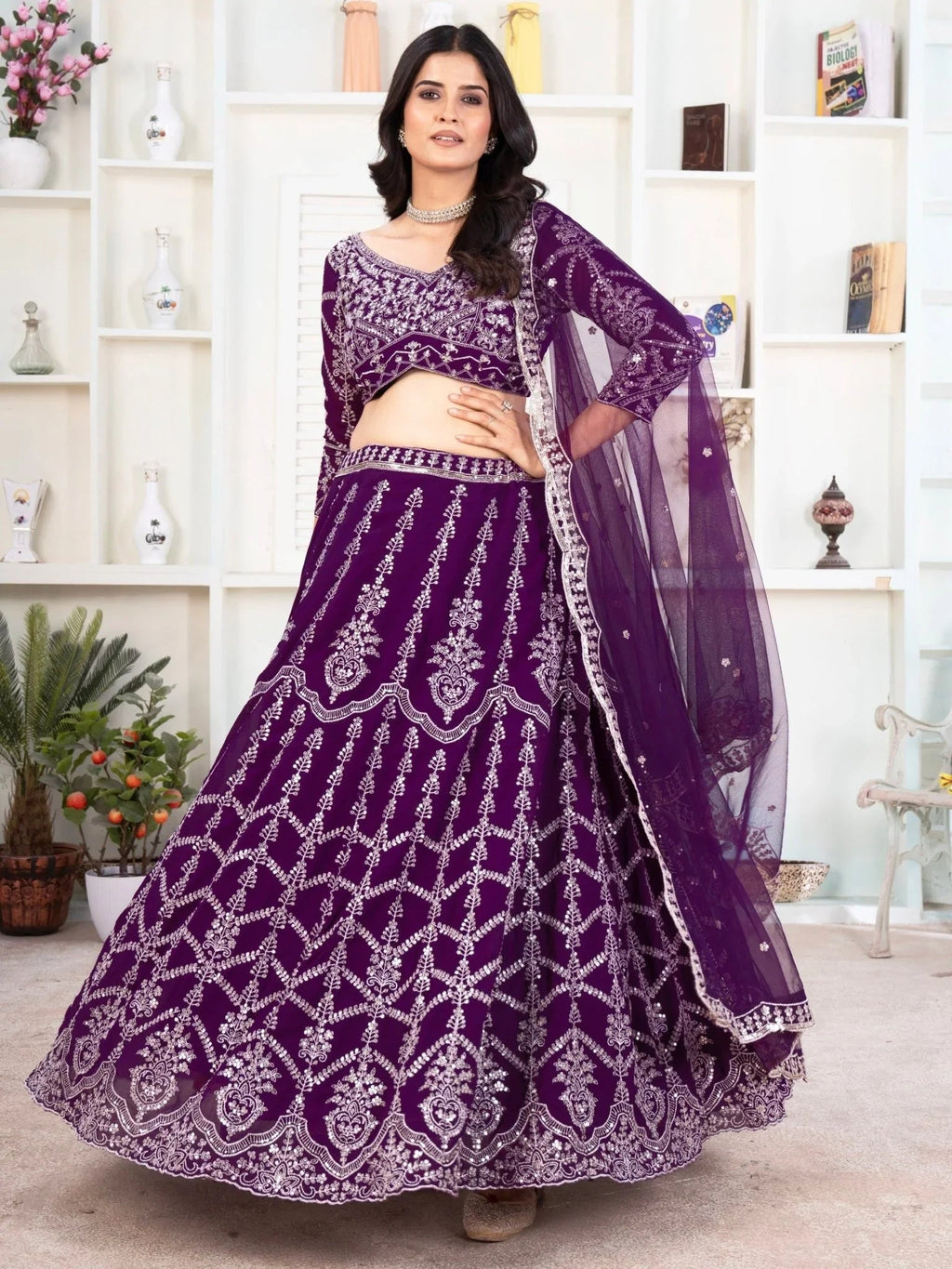 Purple georgette sequins embroidered lehenga choli with net dupatta