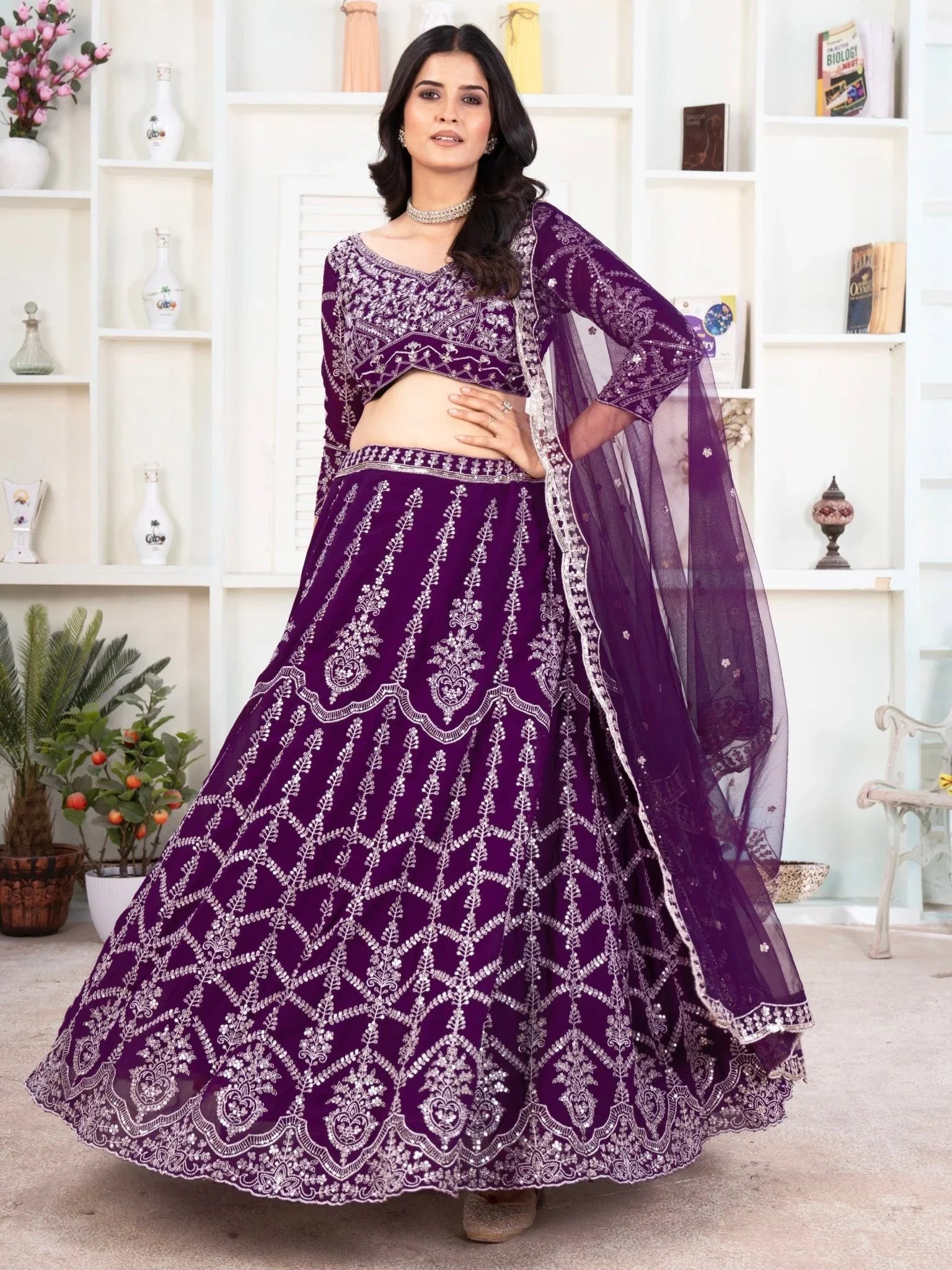 Purple georgette sequins embroidered lehenga choli with net dupatta