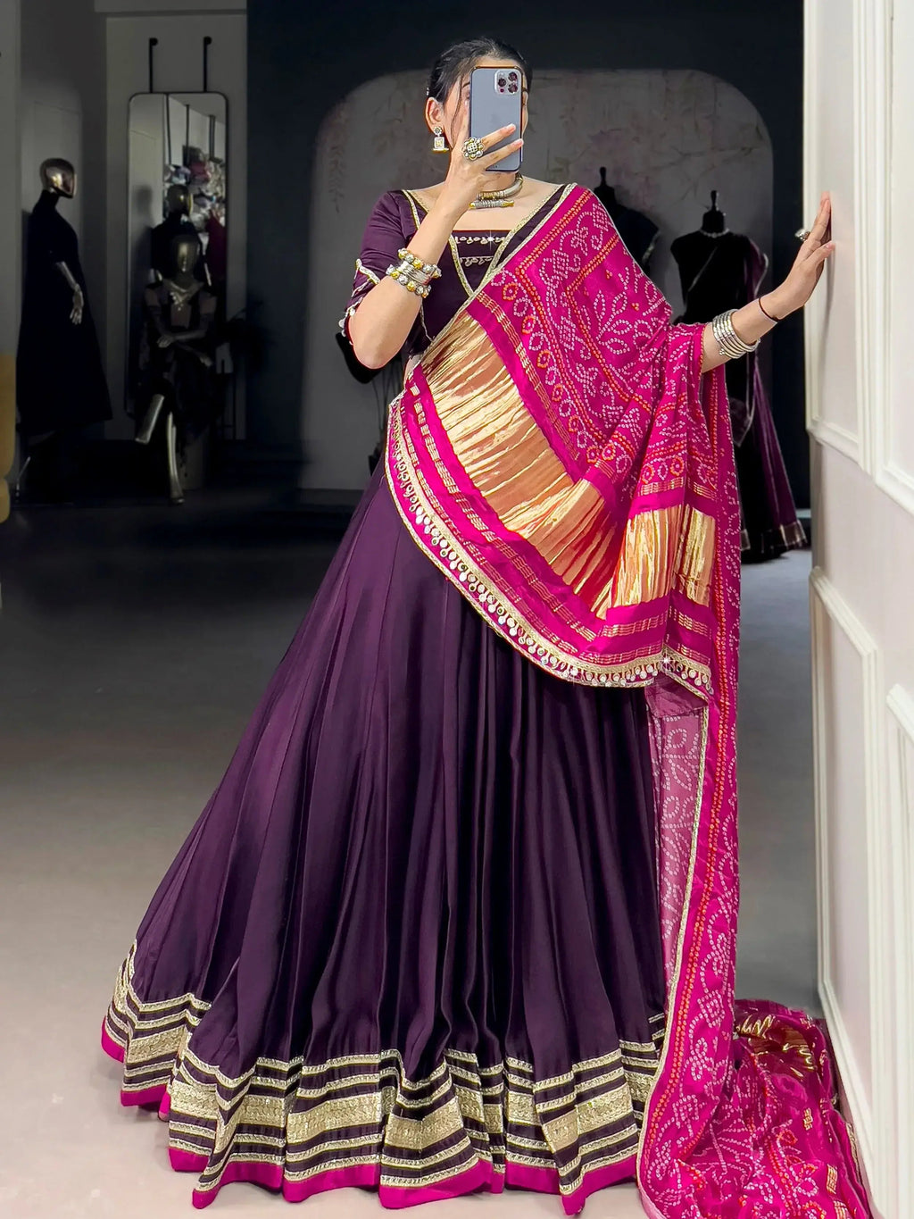 Purple Georgette Silk Lace Work Lehenga Choli with Dupatta