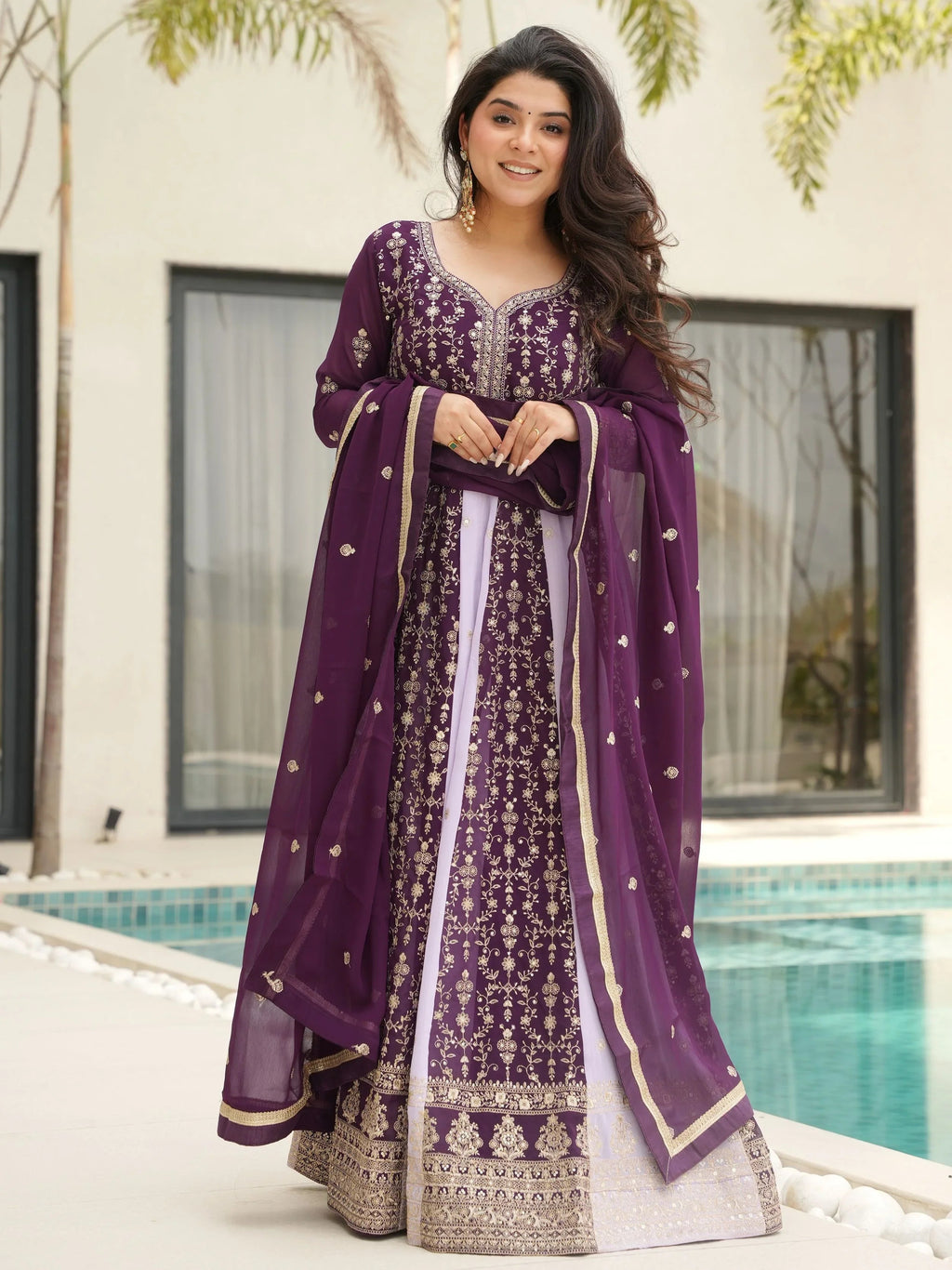 Purple Georgette Zari and Sequins Embroidered Gown with Dupatta