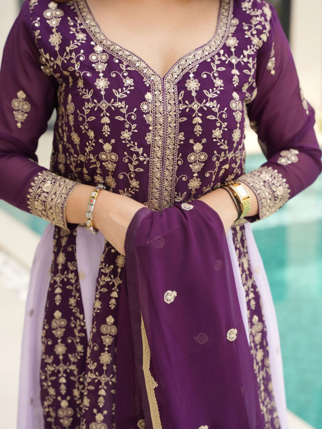 Purple Georgette Zari and Sequins Embroidered Gown with Dupatta