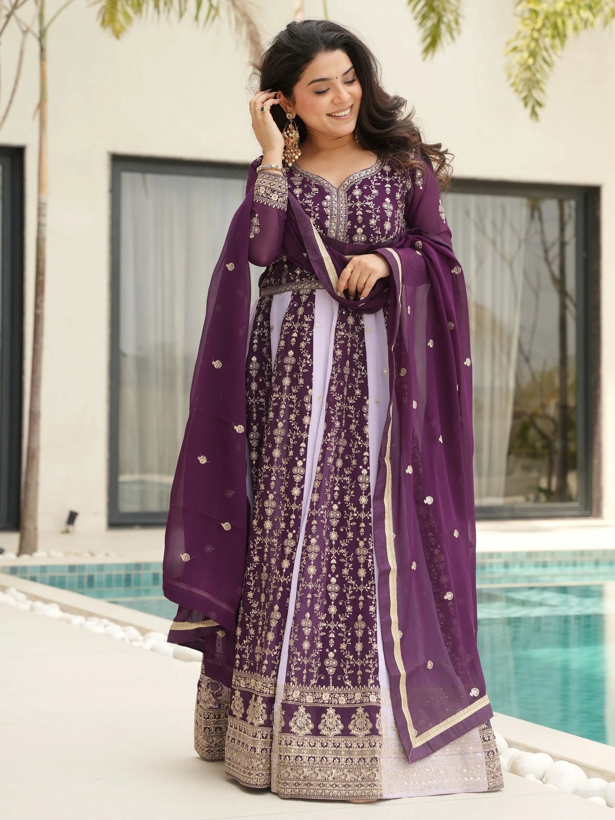 Purple Georgette Zari and Sequins Embroidered Gown with Dupatta