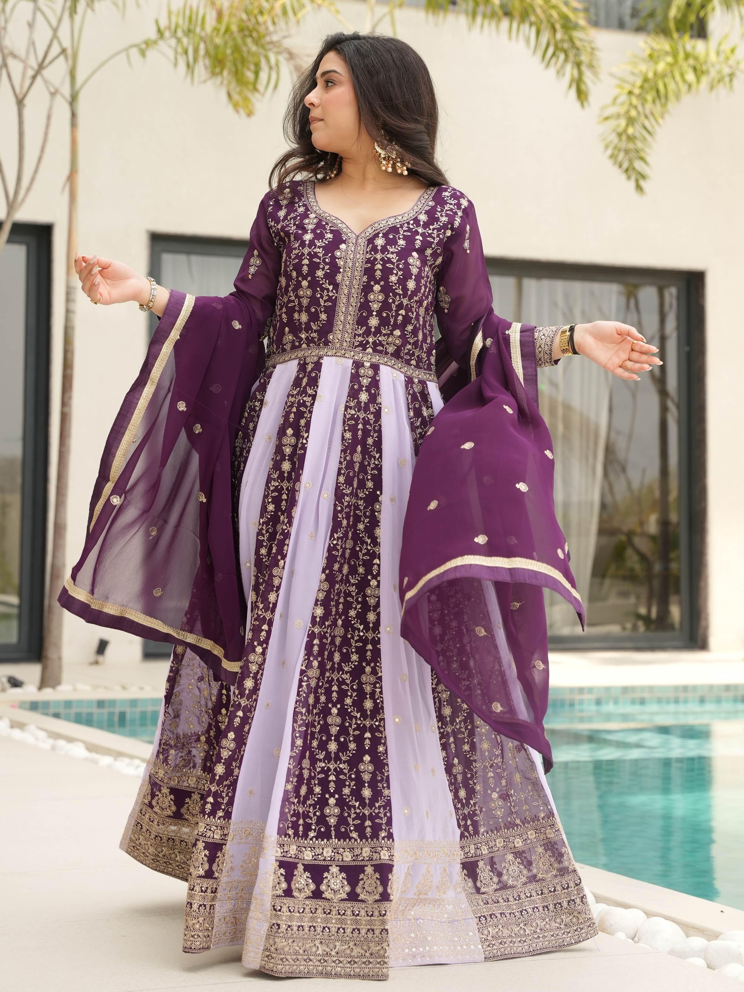 Purple Georgette Zari and Sequins Embroidered Gown with Dupatta