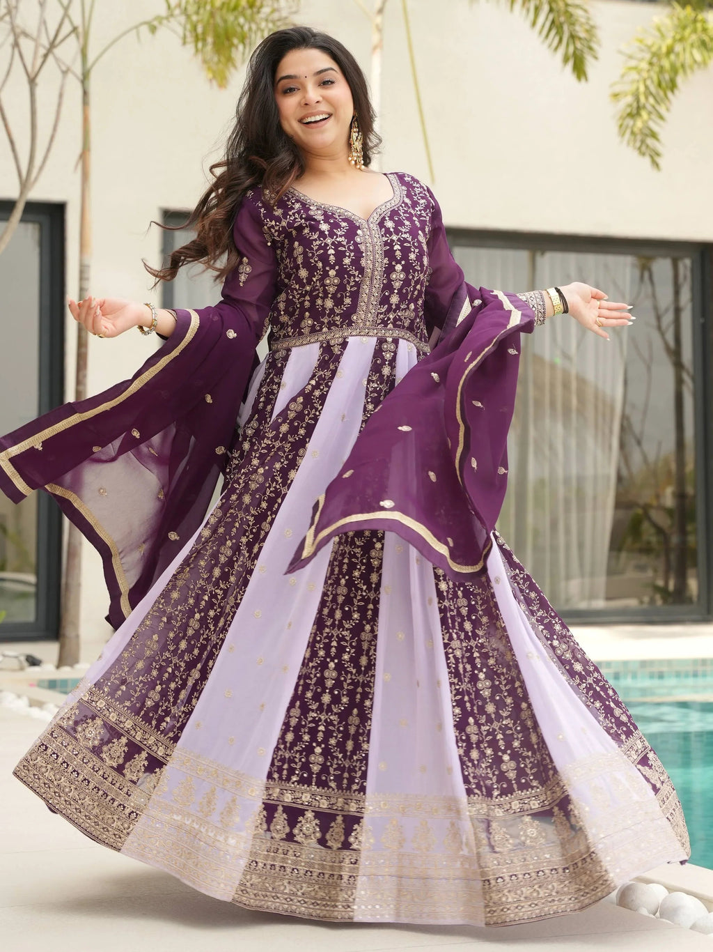 Purple Georgette Zari and Sequins Embroidered Gown with Dupatta