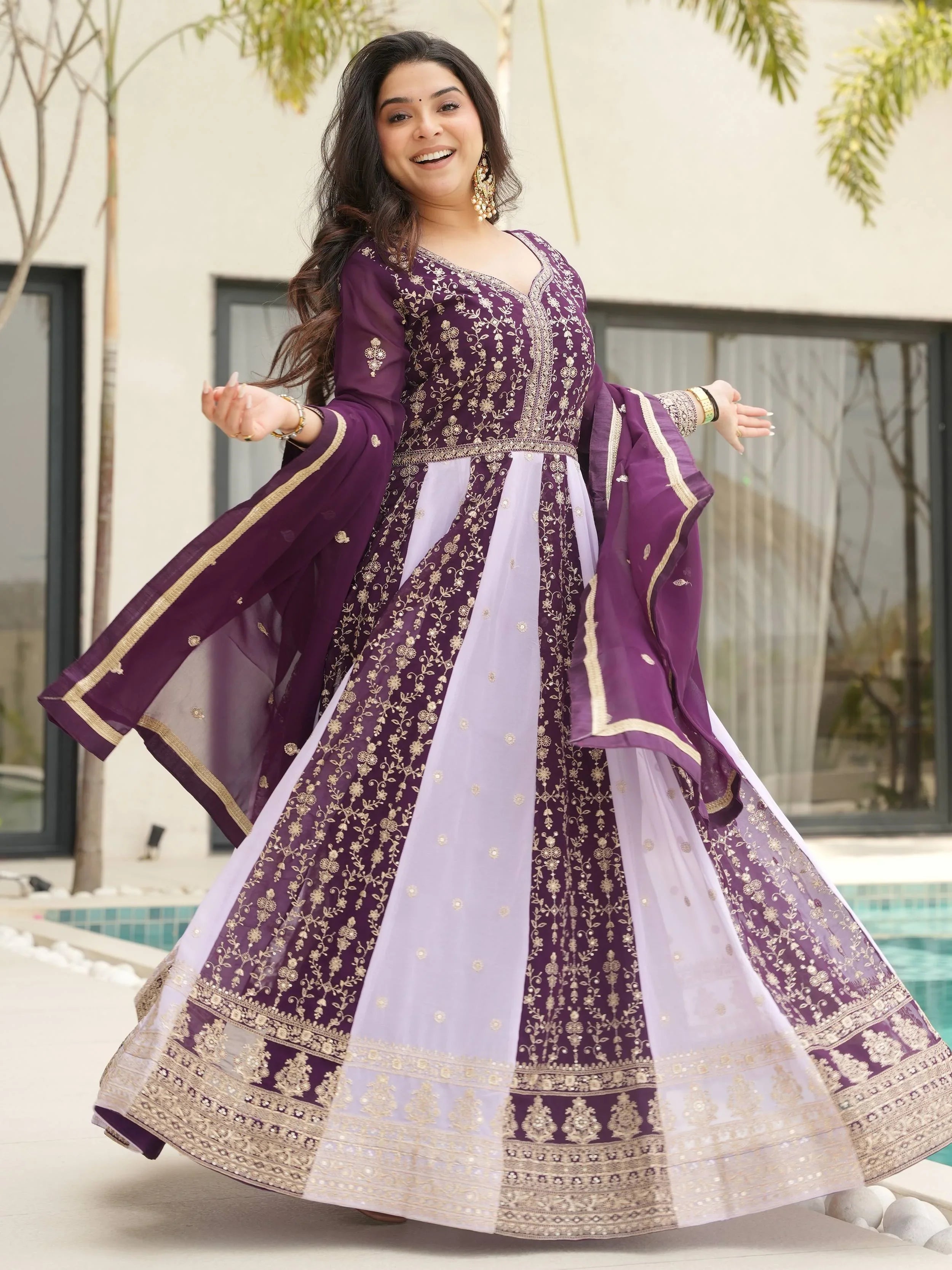 Purple Georgette Zari and Sequins Embroidered Gown with Dupatta