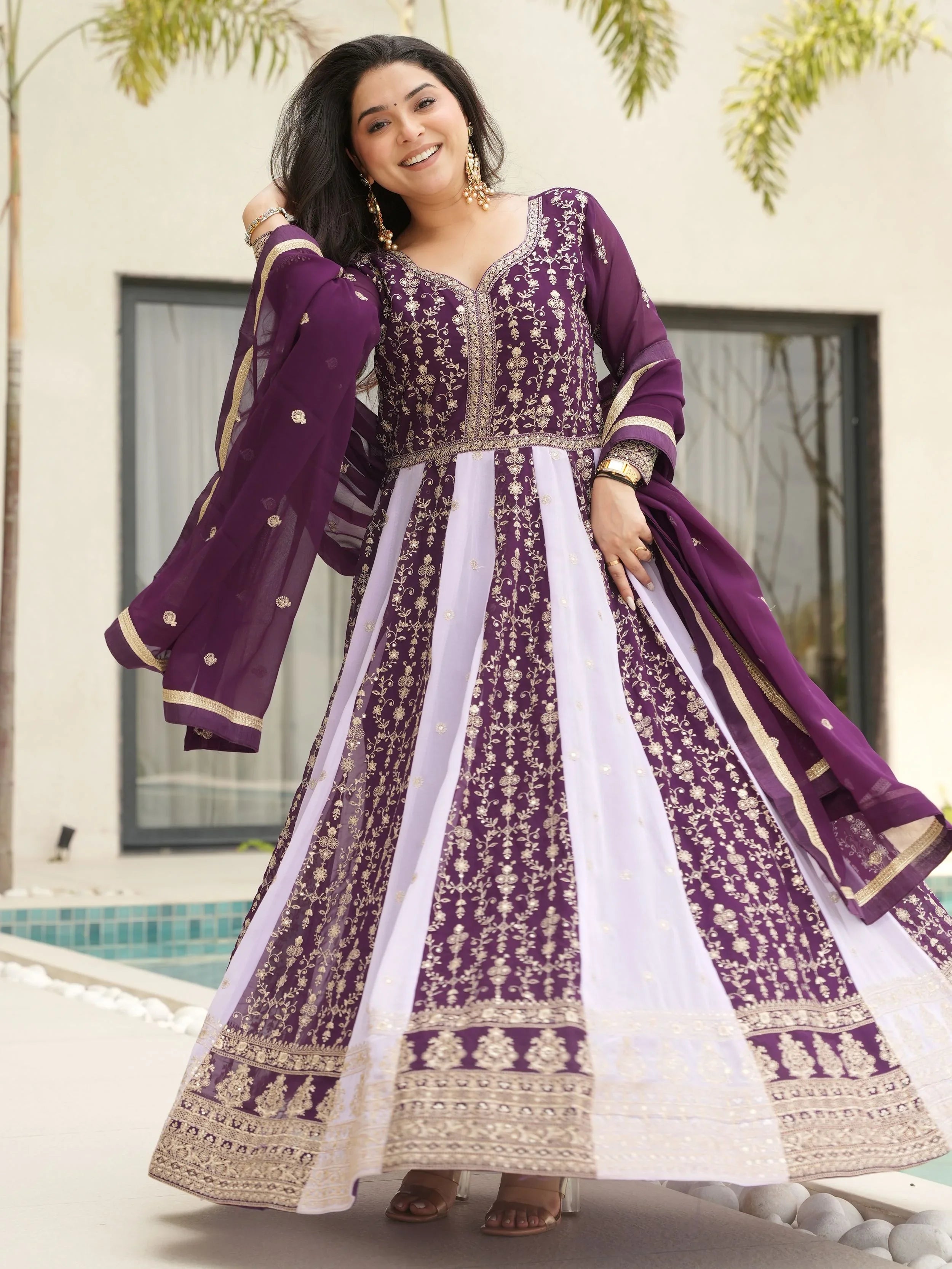 Purple Georgette Zari and Sequins Embroidered Gown with Dupatta