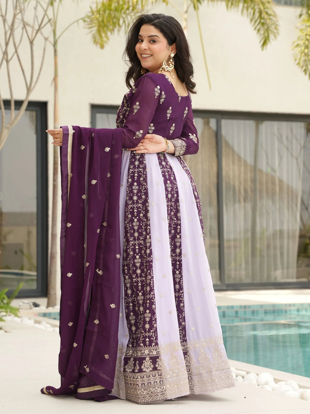 Purple Georgette Zari and Sequins Embroidered Gown with Dupatta