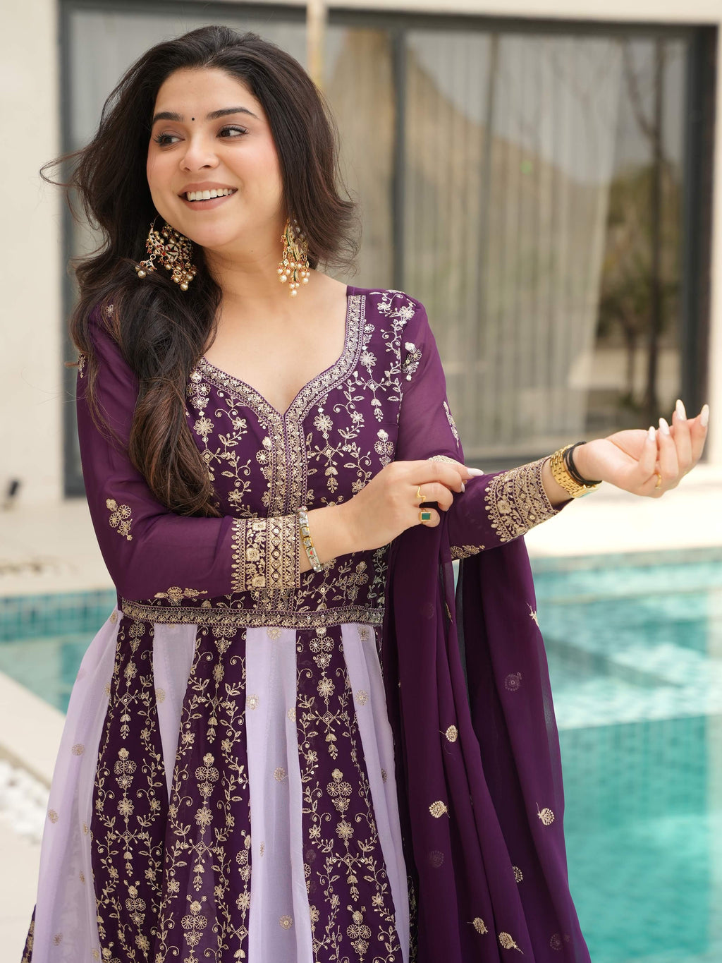 Purple Georgette Zari and Sequins Embroidered Gown with Dupatta