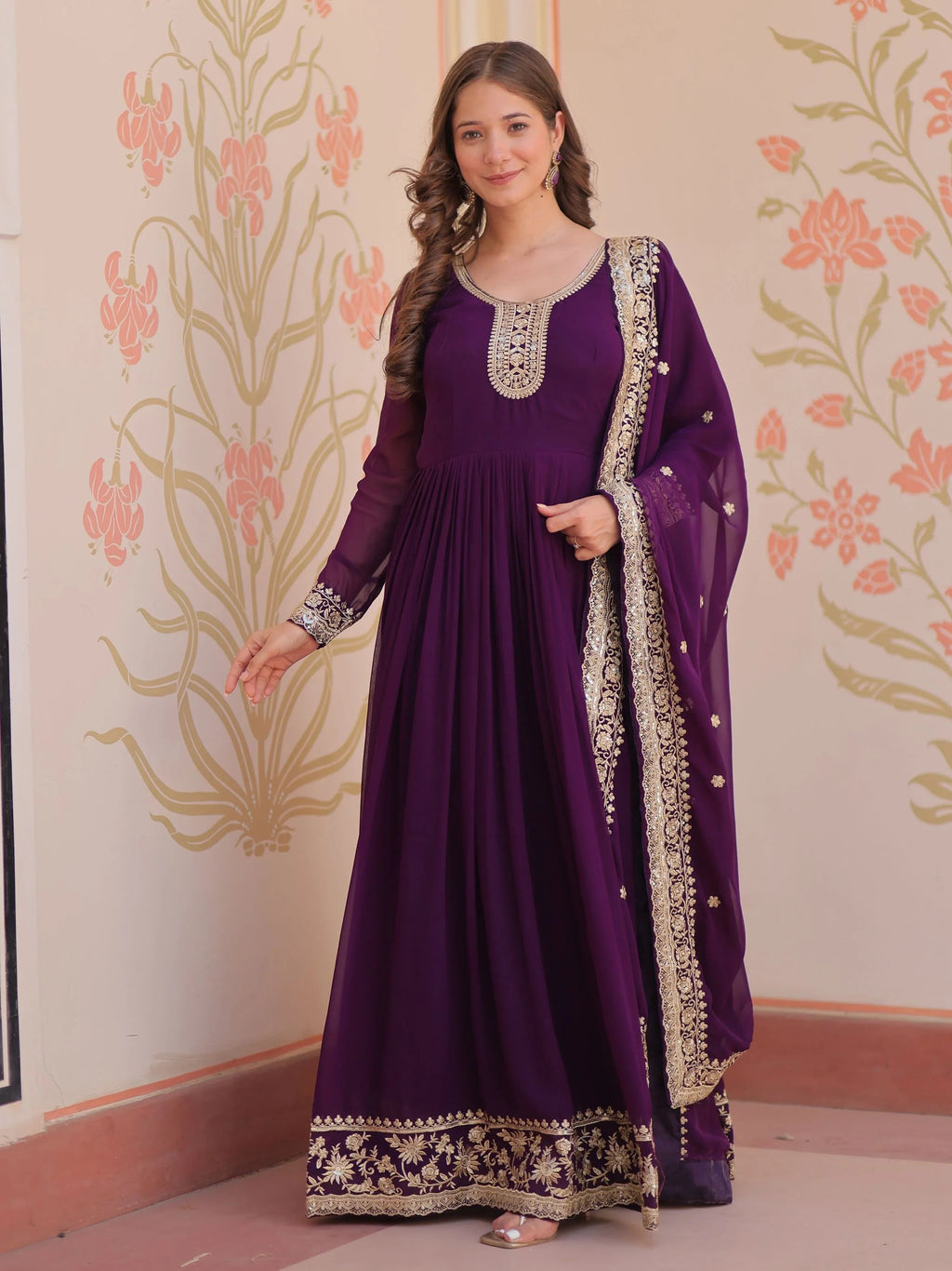 Purple Georgette Zari Sequins Embroidered Designer Gown with Dupatta
