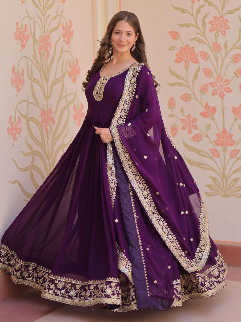 Purple Georgette Zari Sequins Embroidered Designer Gown with Dupatta