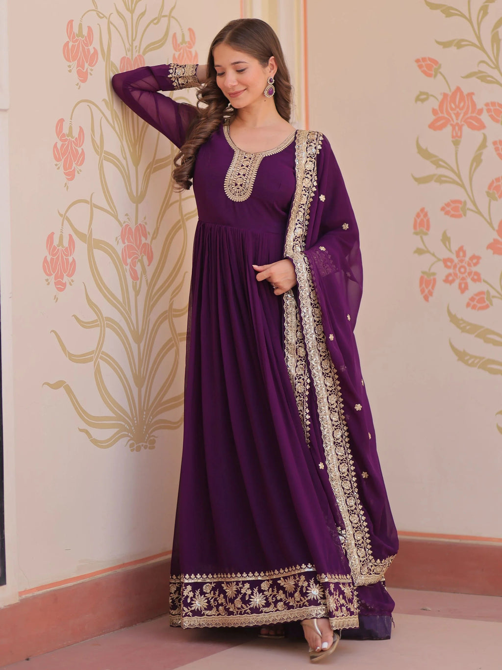 Purple Georgette Zari Sequins Embroidered Designer Gown with Dupatta