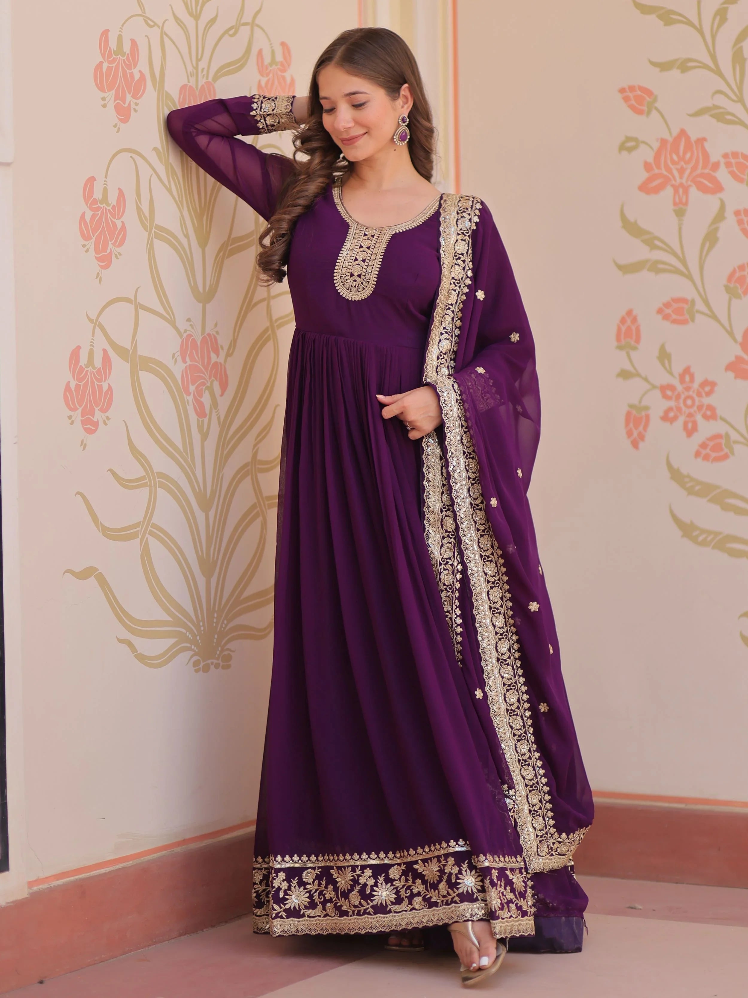 Purple Georgette Zari Sequins Embroidered Designer Gown with Dupatta