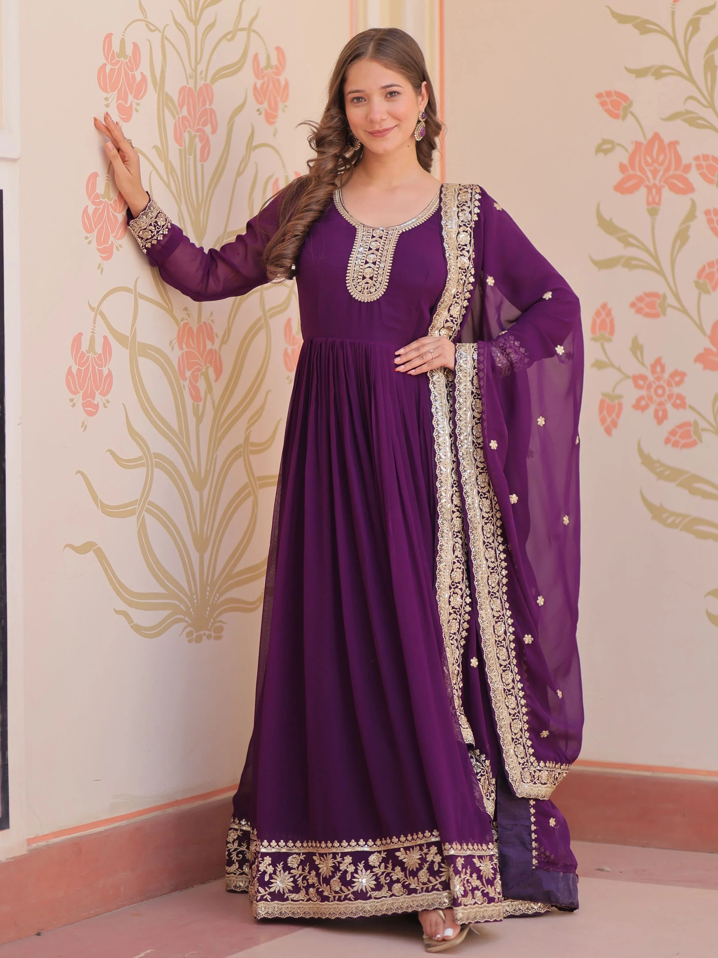 Purple Georgette Zari Sequins Embroidered Designer Gown with Dupatta