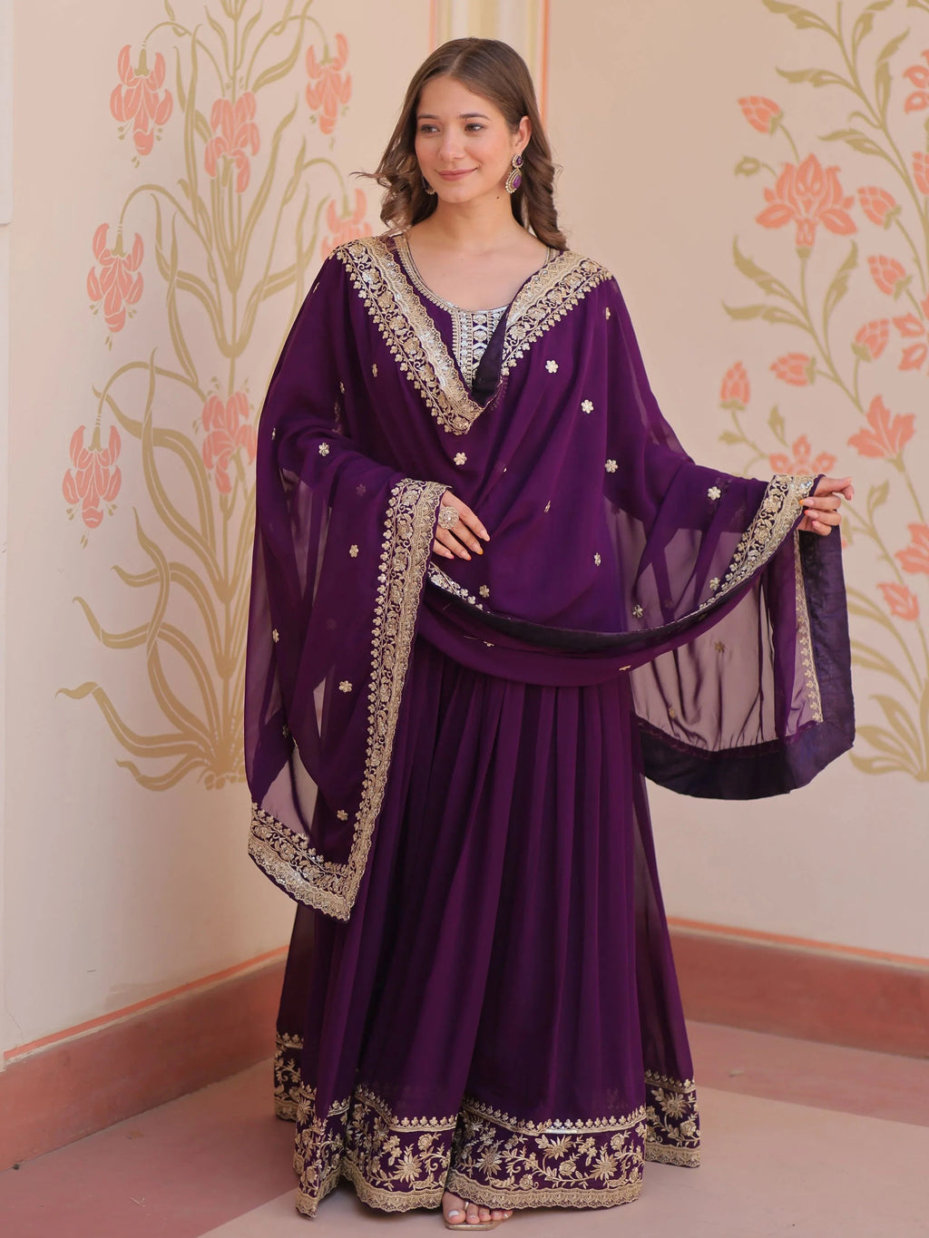 Purple Georgette Zari Sequins Embroidered Designer Gown with Dupatta