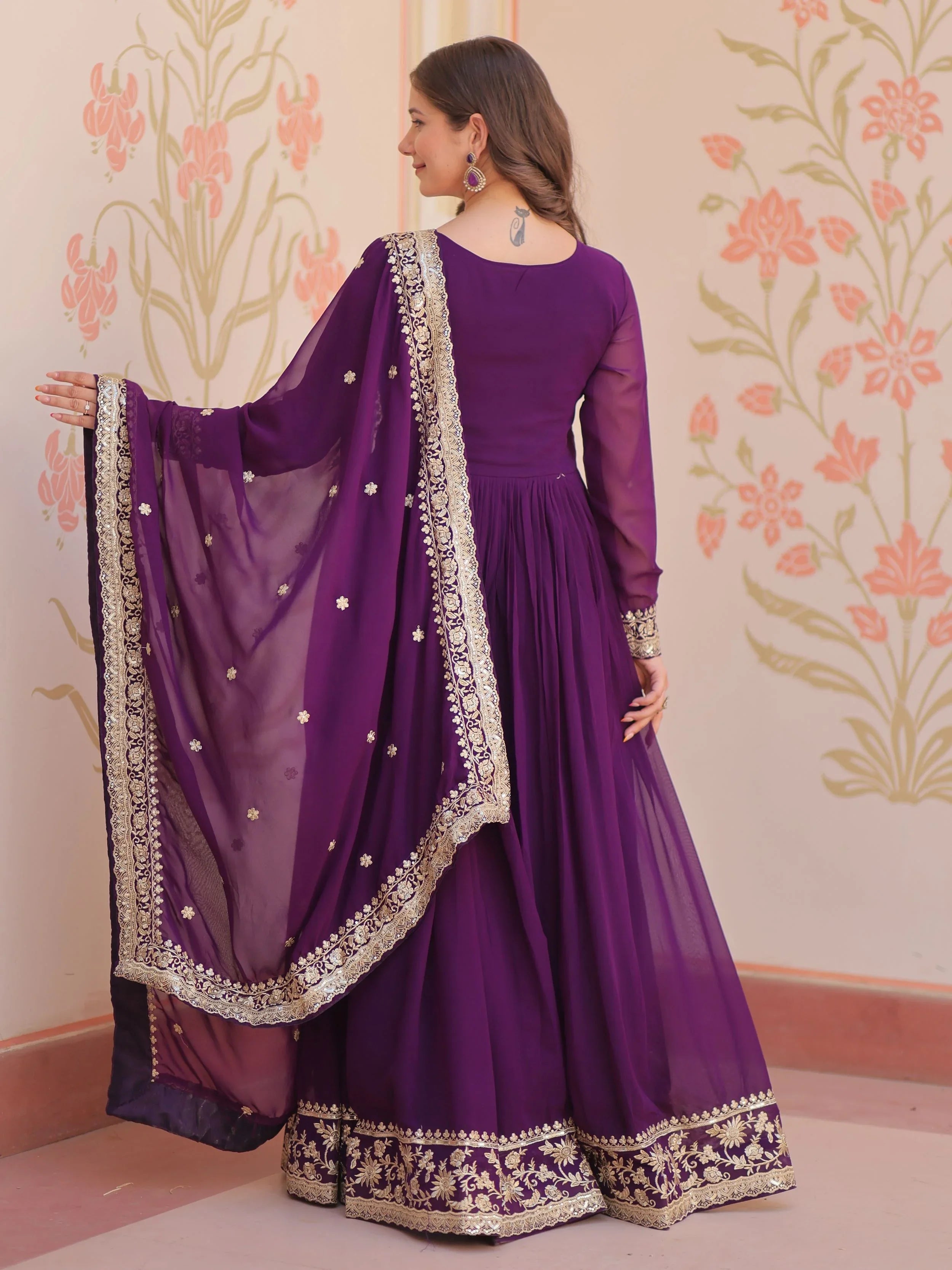 Purple Georgette Zari Sequins Embroidered Designer Gown with Dupatta