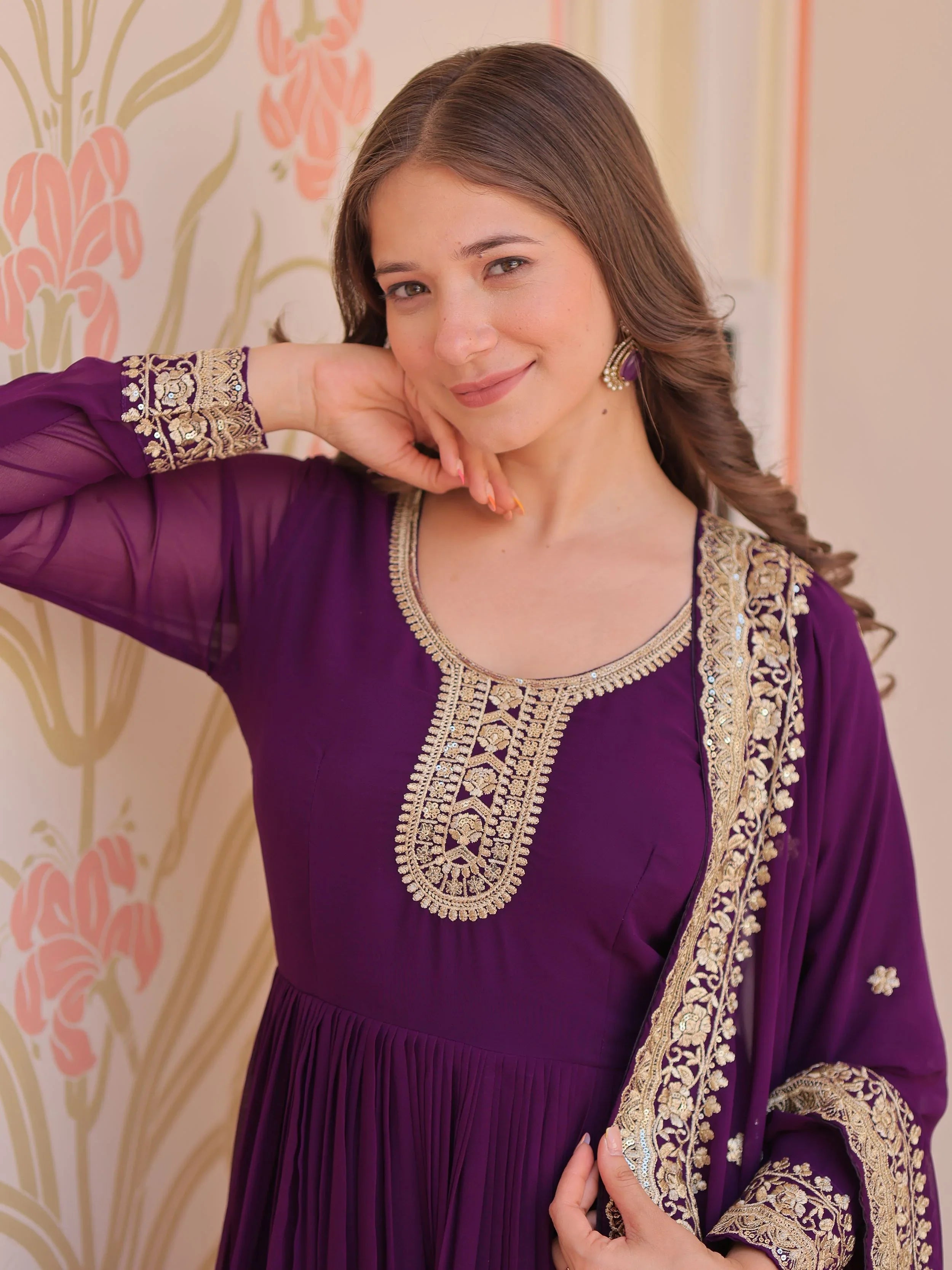 Purple Georgette Zari Sequins Embroidered Designer Gown with Dupatta