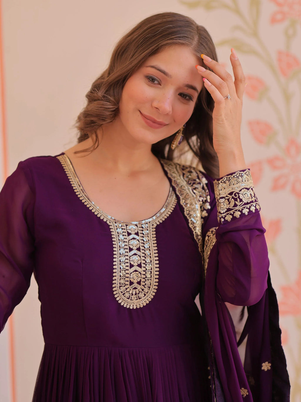 Purple Georgette Zari Sequins Embroidered Designer Gown with Dupatta
