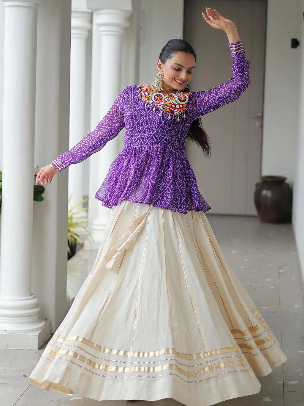 Purple Kora Cotton Bandhani Print Top with Gota Patti Lehenga for Navratri