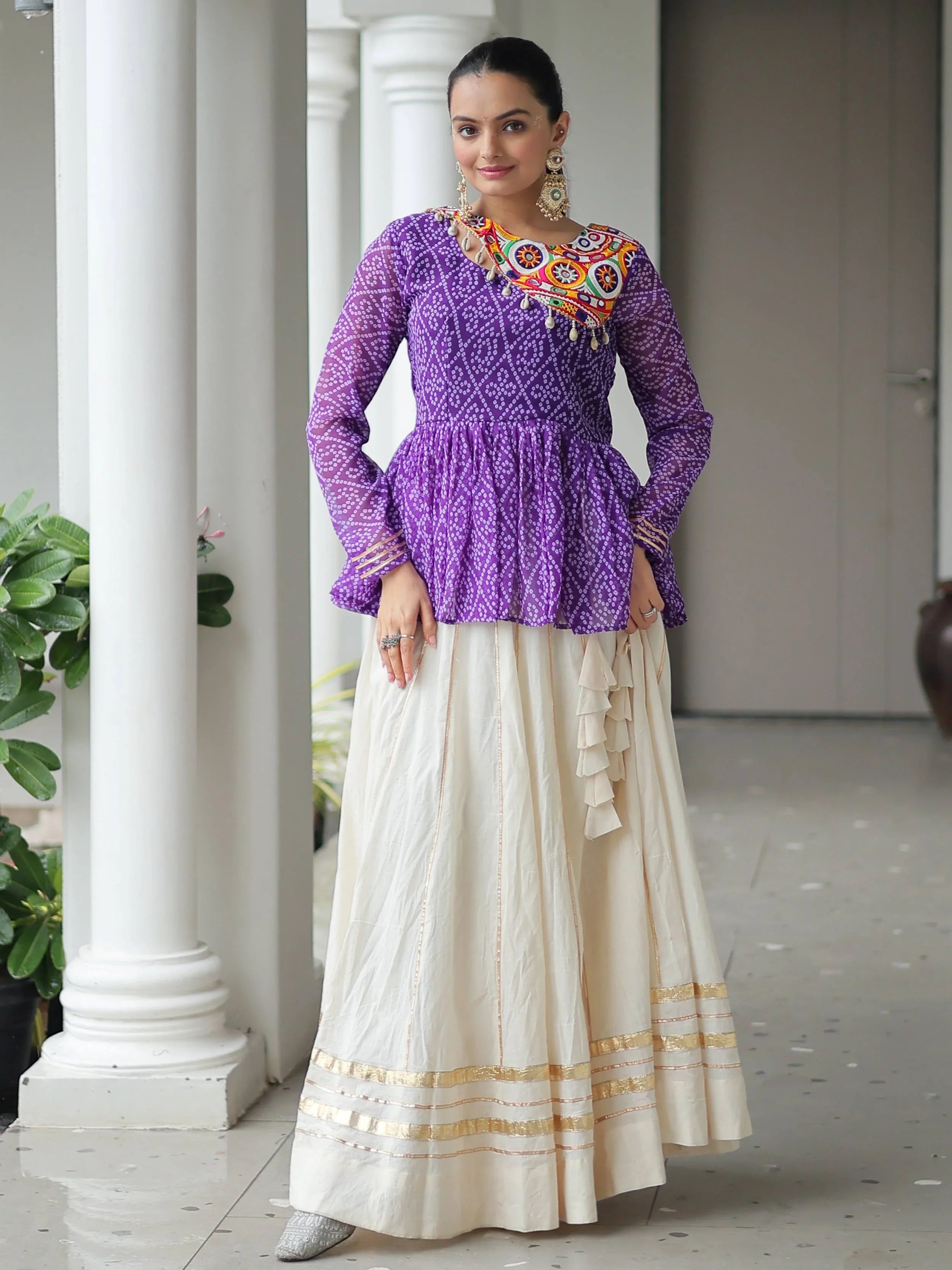 Purple Kora Cotton Bandhani Print Top with Gota Patti Lehenga for Navratri
