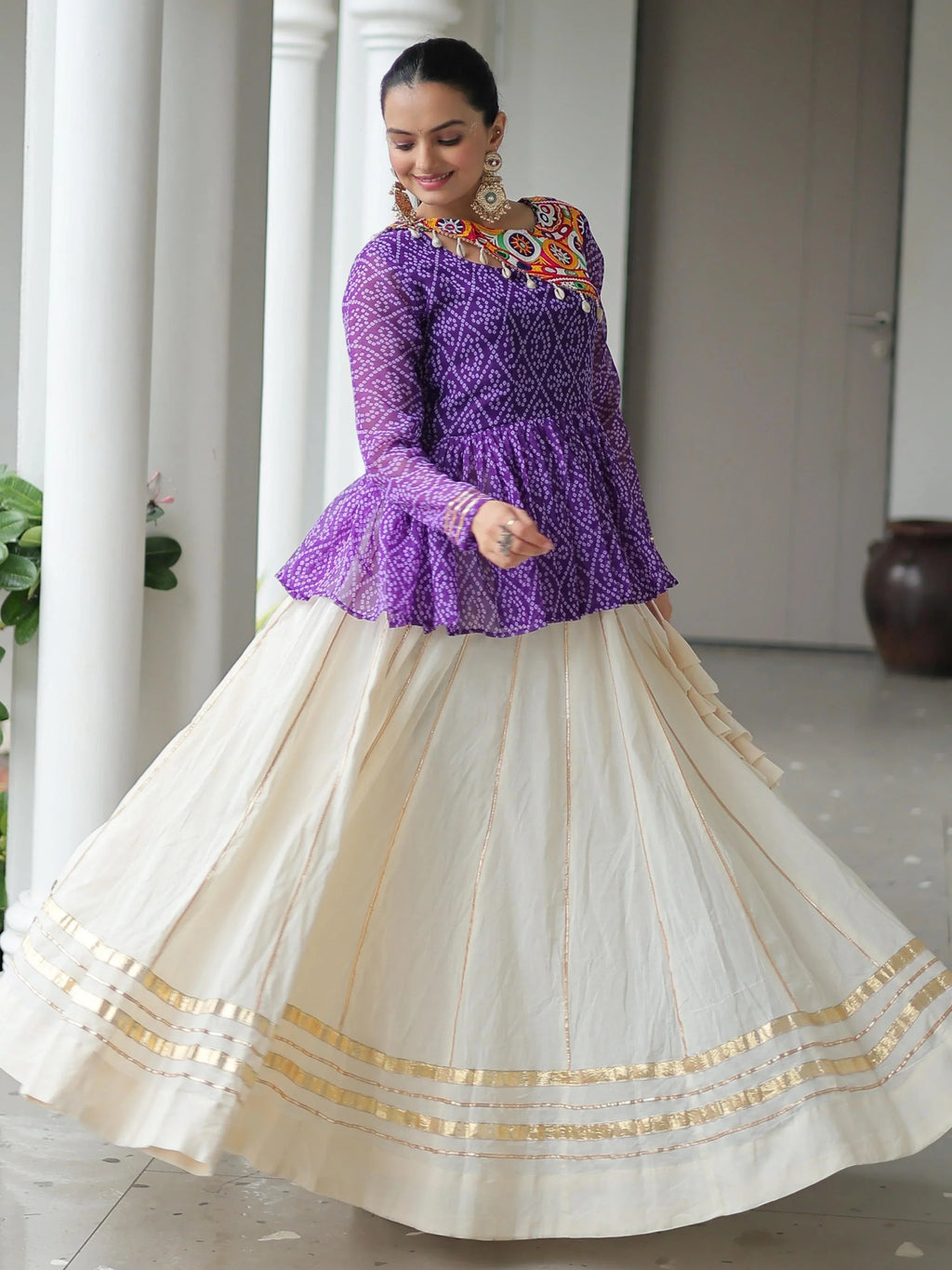 Purple Kora Cotton Bandhani Print Top with Gota Patti Lehenga for Navratri