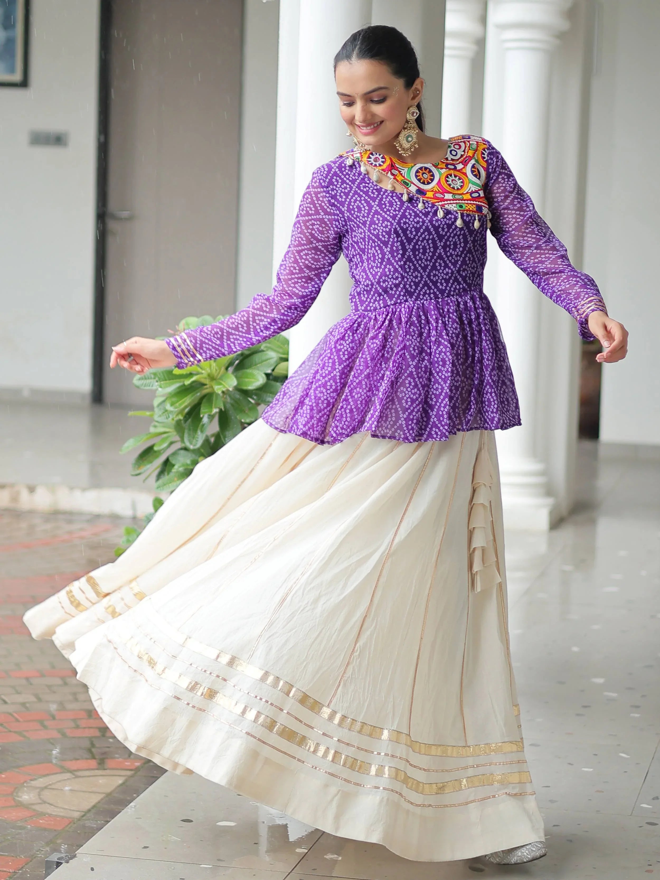 Purple Kora Cotton Bandhani Print Top with Gota Patti Lehenga for Navratri