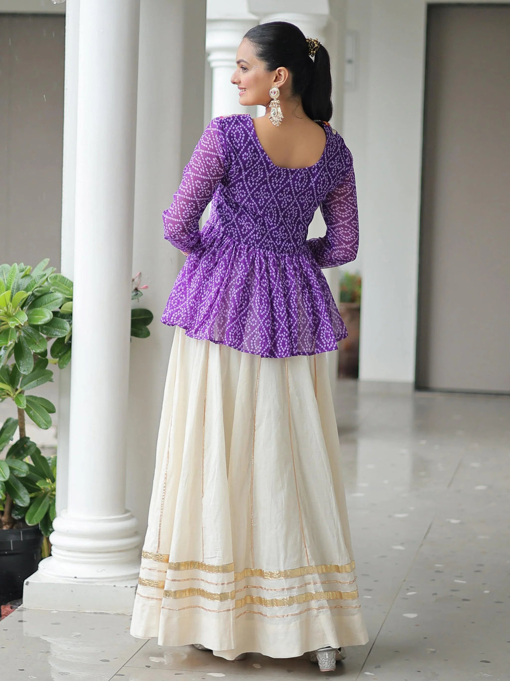 Purple Kora Cotton Bandhani Print Top with Gota Patti Lehenga for Navratri