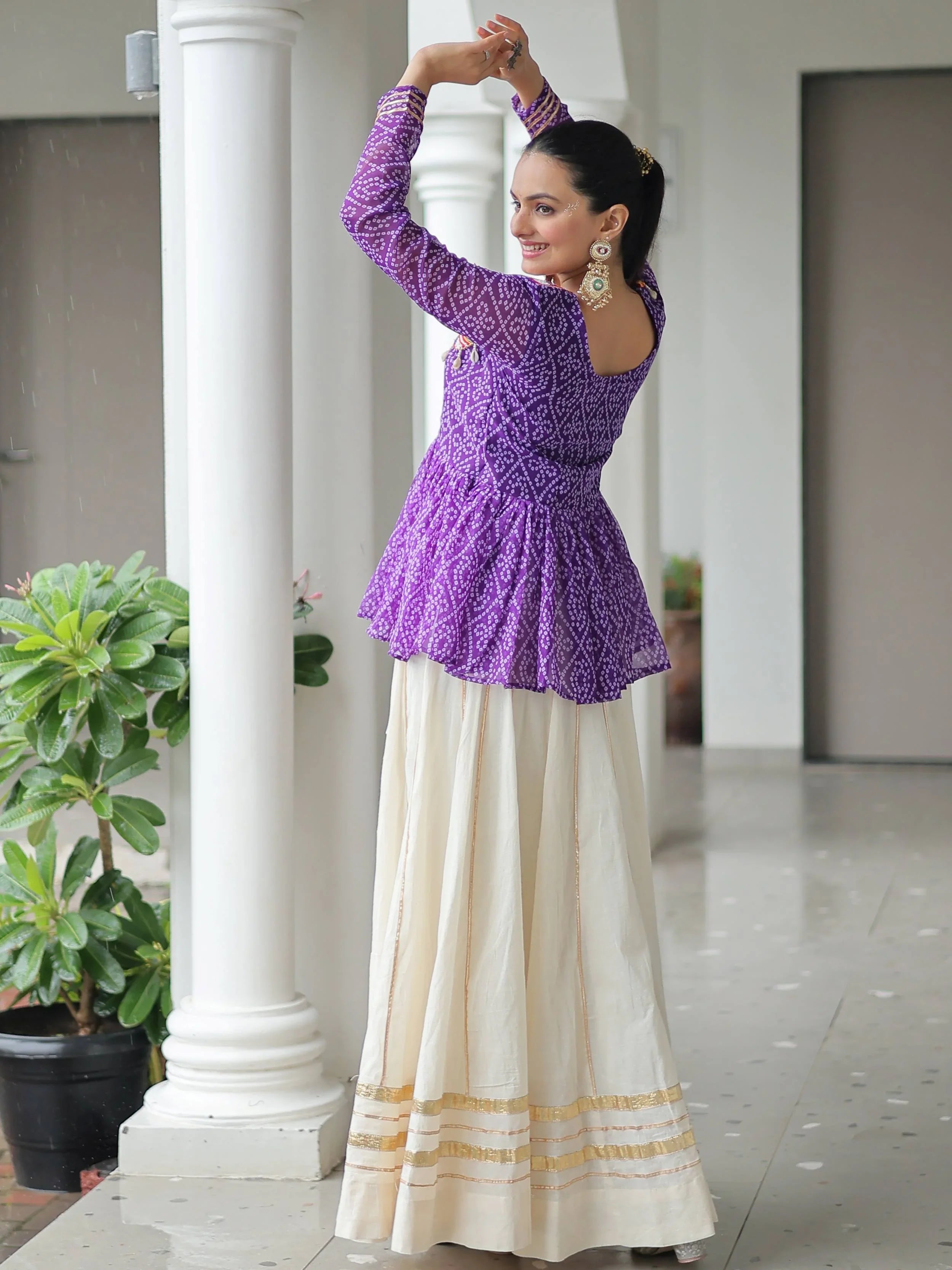 Purple Kora Cotton Bandhani Print Top with Gota Patti Lehenga for Navratri