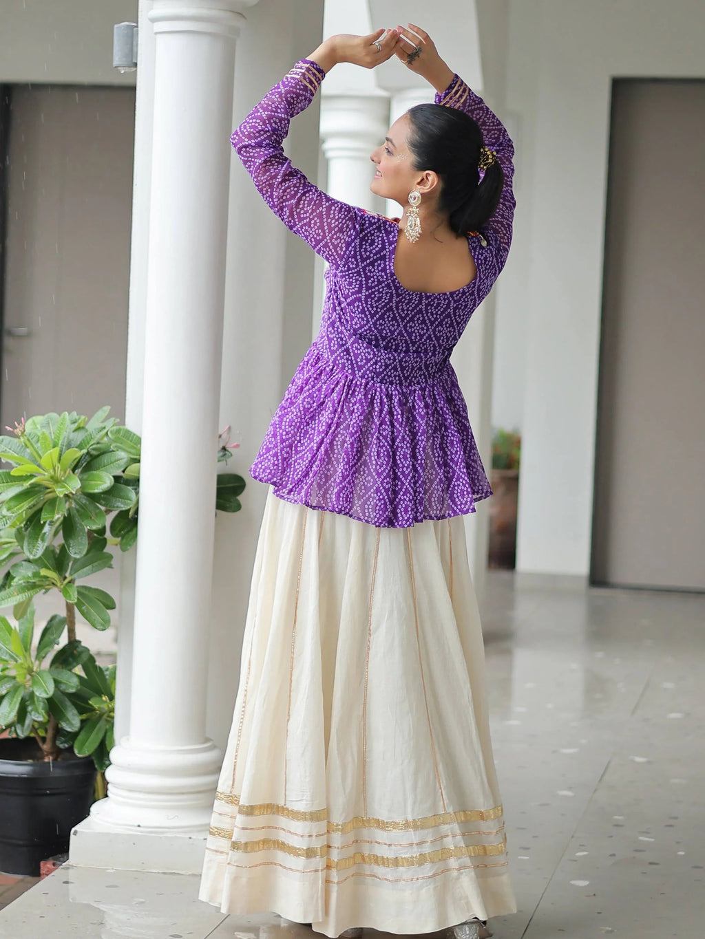 Purple Kora Cotton Bandhani Print Top with Gota Patti Lehenga for Navratri