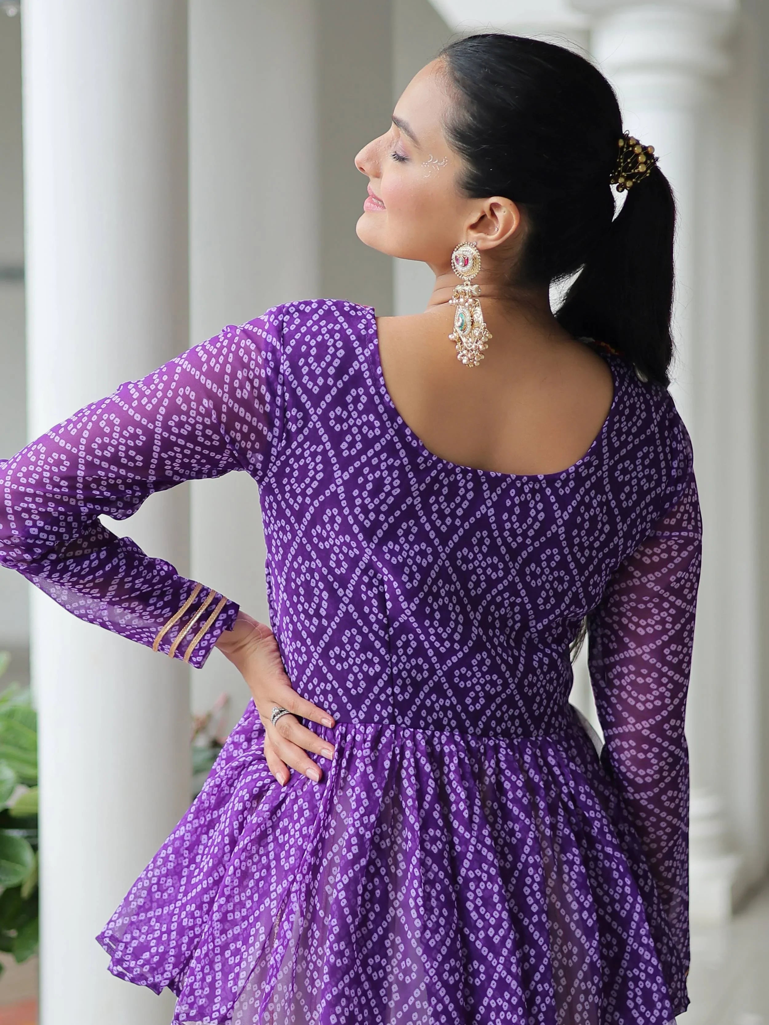 Purple Kora Cotton Bandhani Print Top with Gota Patti Lehenga for Navratri