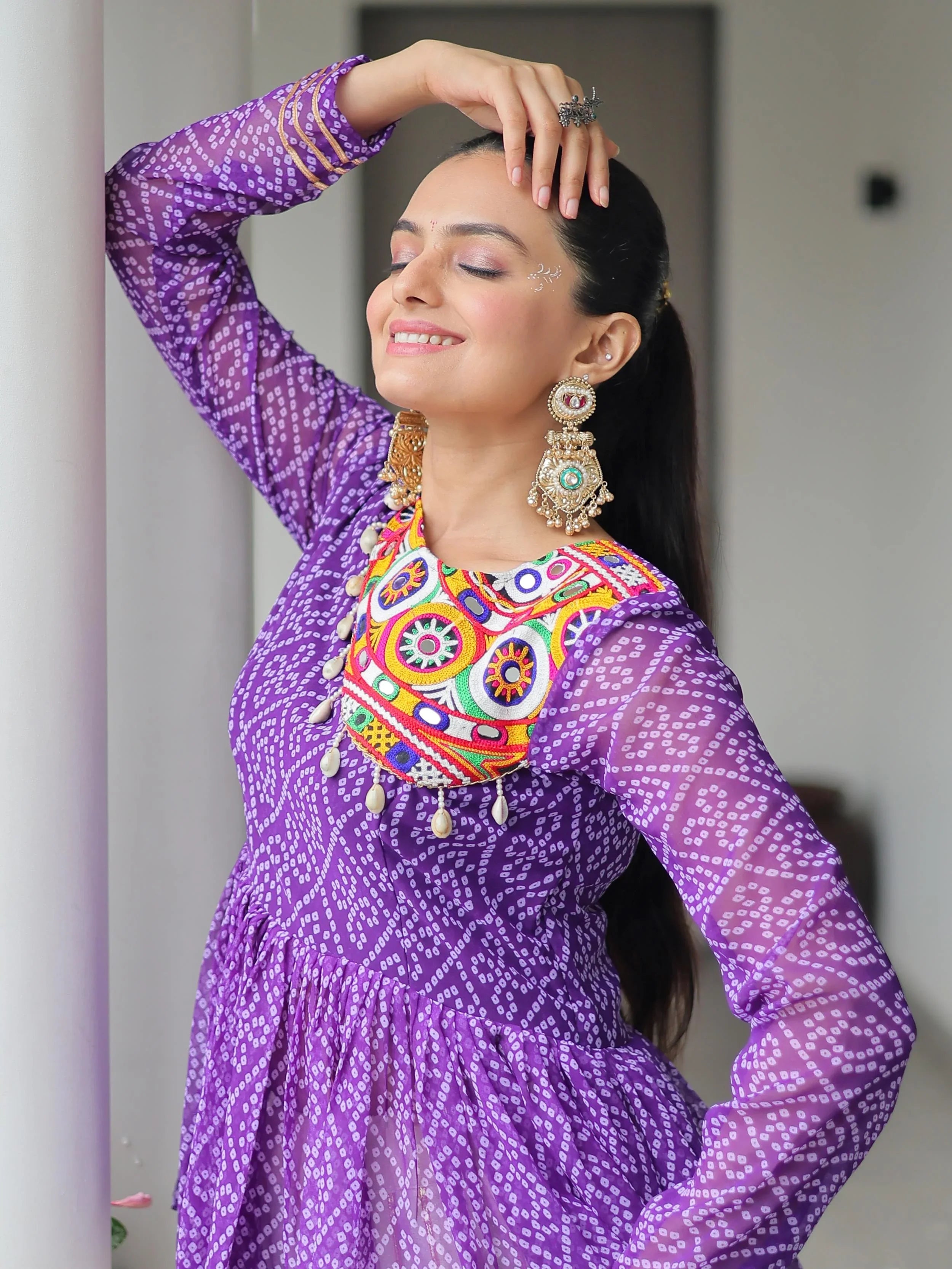 Purple Kora Cotton Bandhani Print Top with Gota Patti Lehenga for Navratri