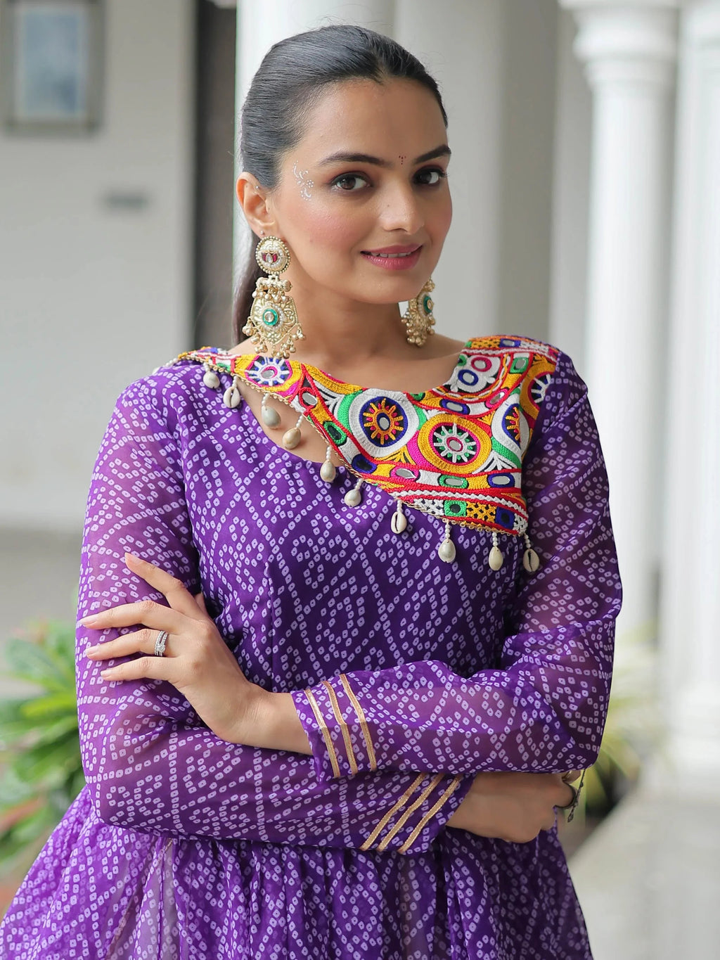 Purple Kora Cotton Bandhani Print Top with Gota Patti Lehenga for Navratri