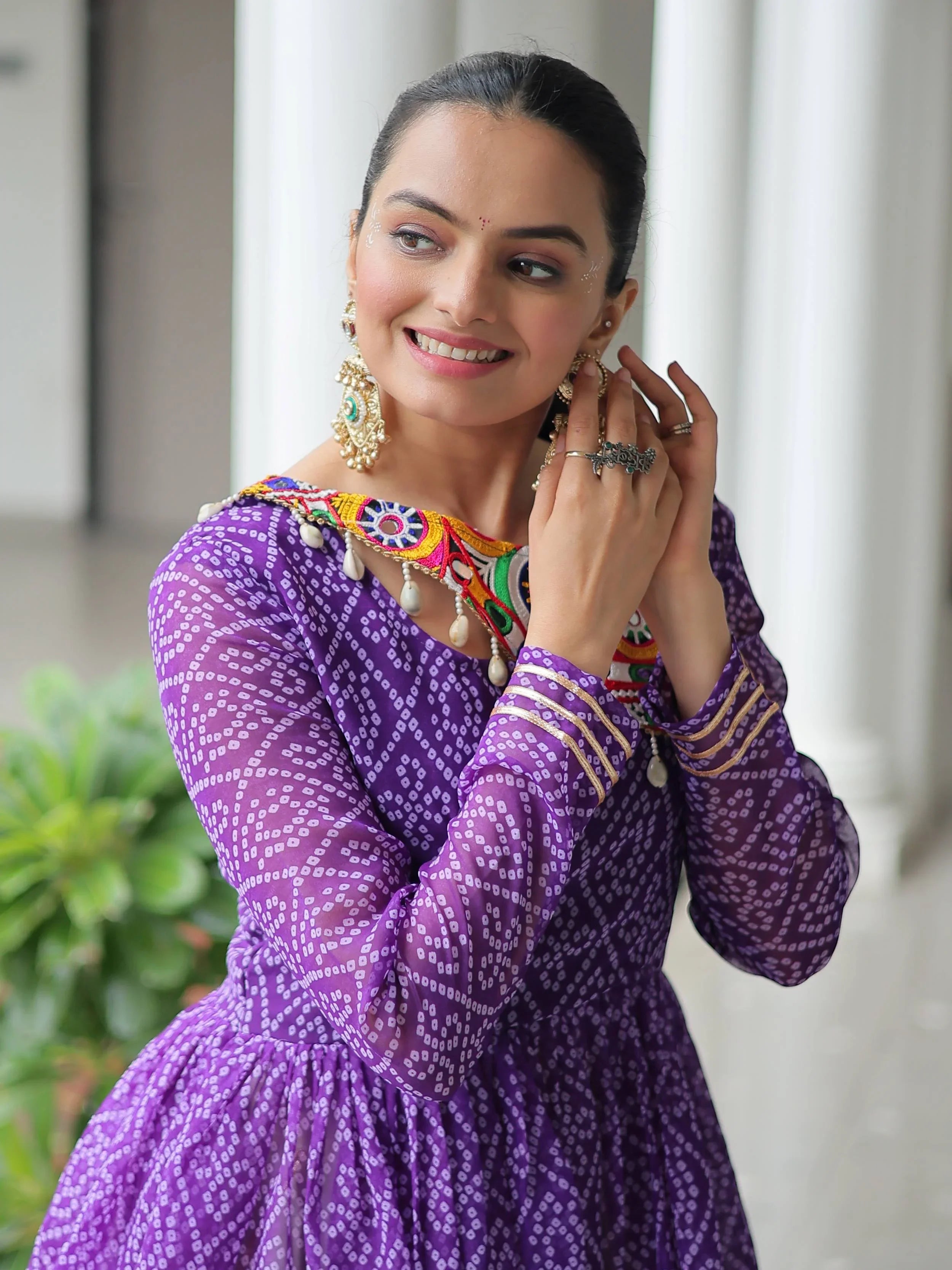 Purple Kora Cotton Bandhani Print Top with Gota Patti Lehenga for Navratri