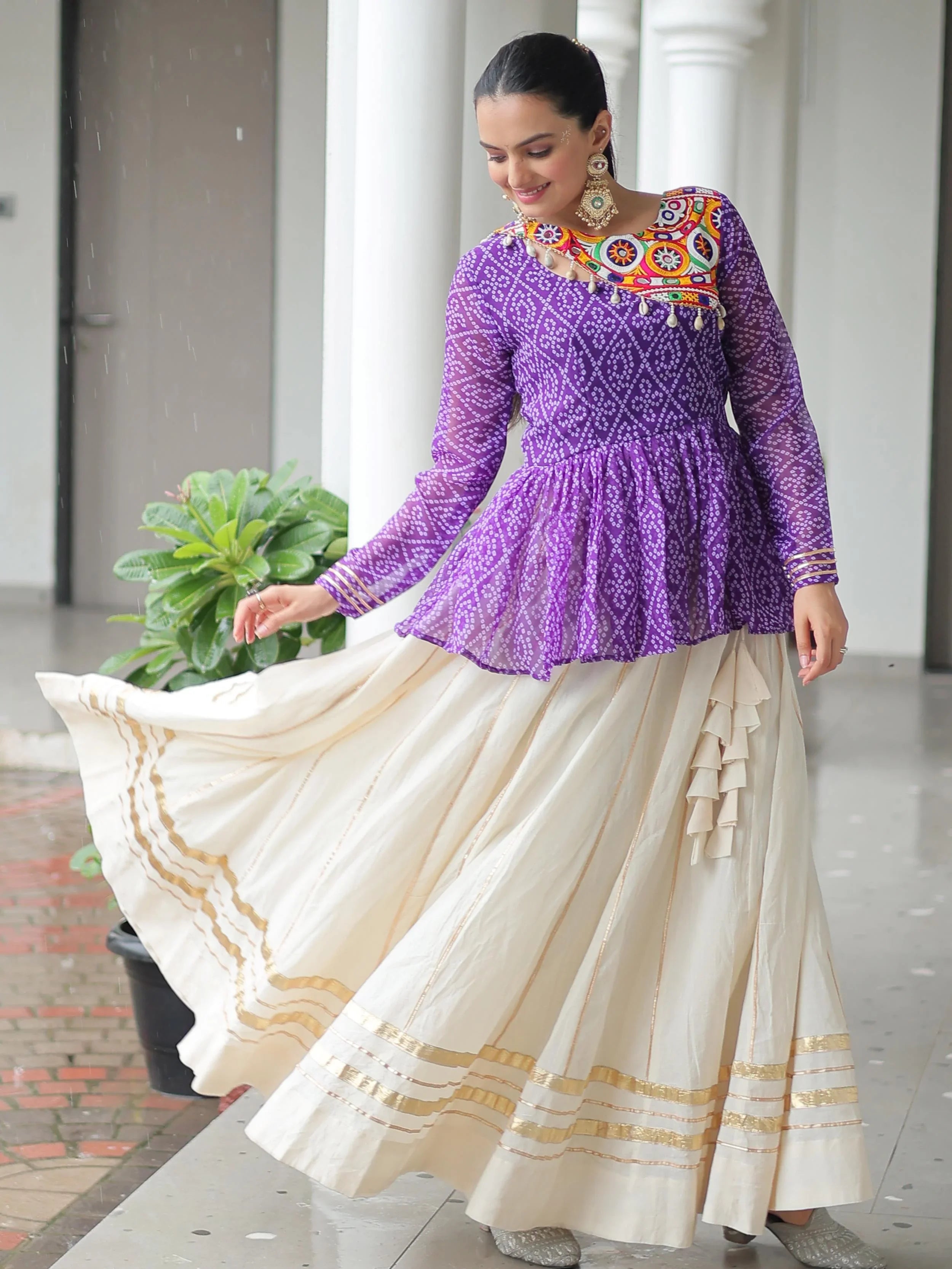 Purple Kora Cotton Bandhani Print Top with Gota Patti Lehenga for Navratri